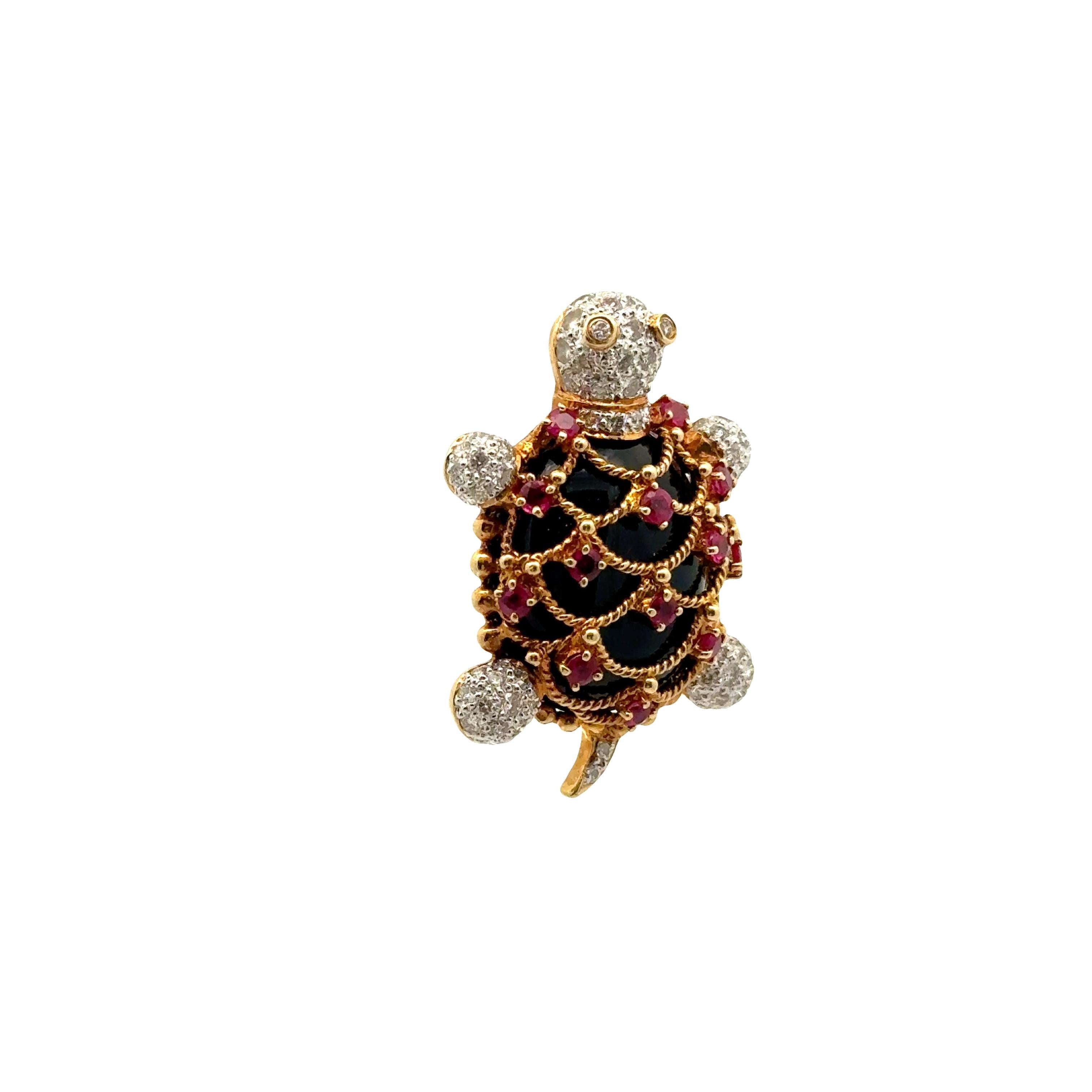 Diamond Ruby Black Onyx 18K Gold Turtle Brooch-Pendant