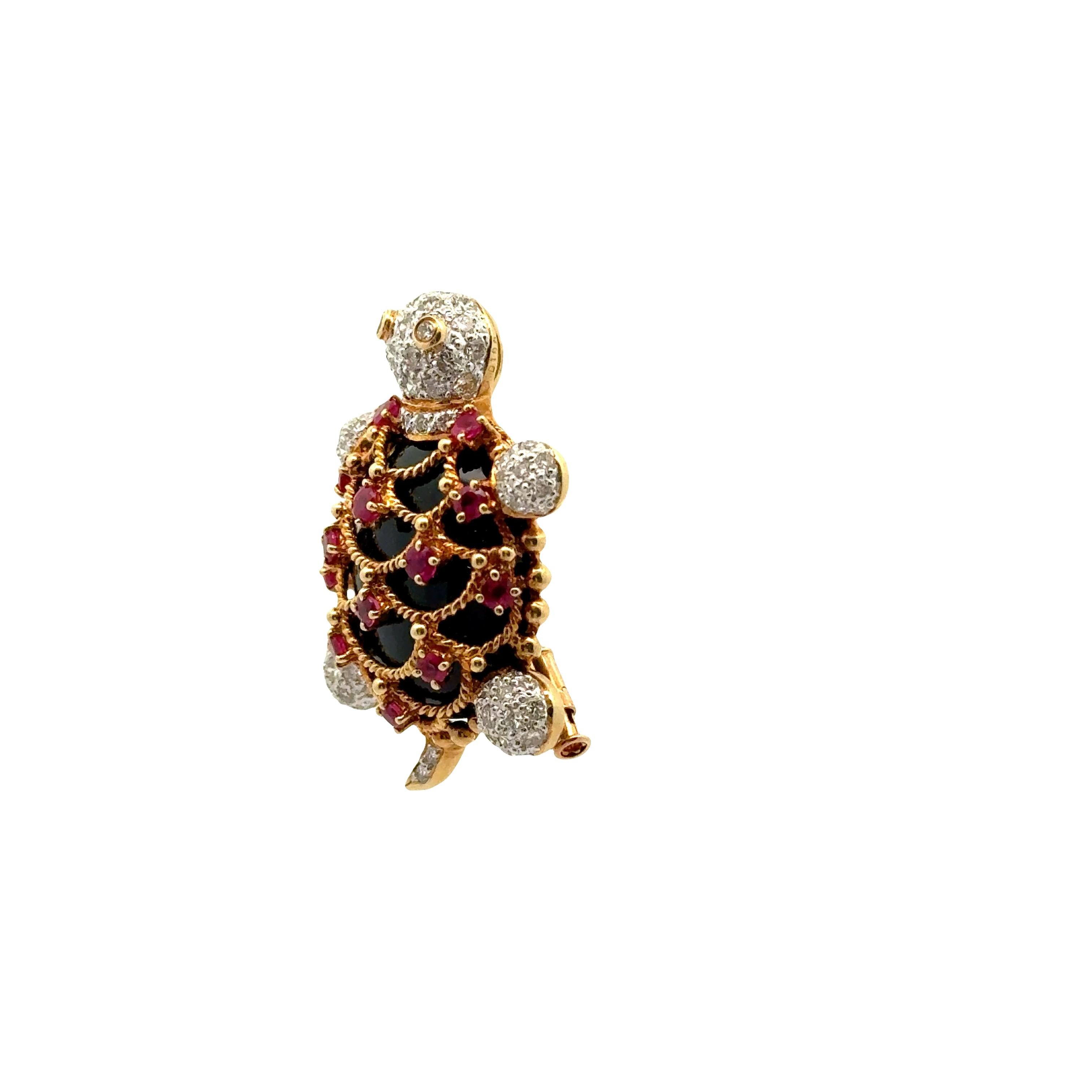 Diamond Ruby Black Onyx 18K Gold Turtle Brooch-Pendant