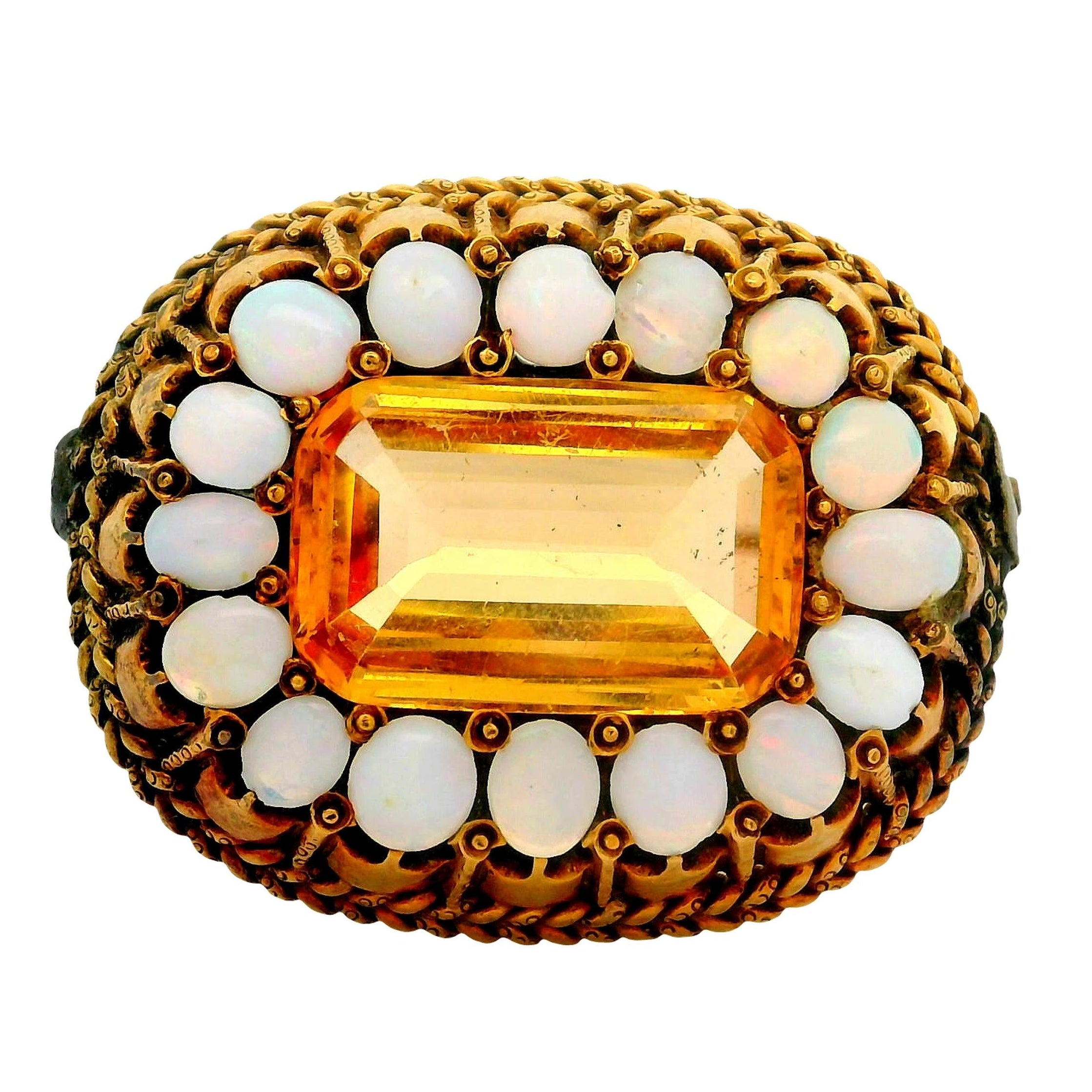 Antique Citrine Opal 10K Gold Halo Brooch