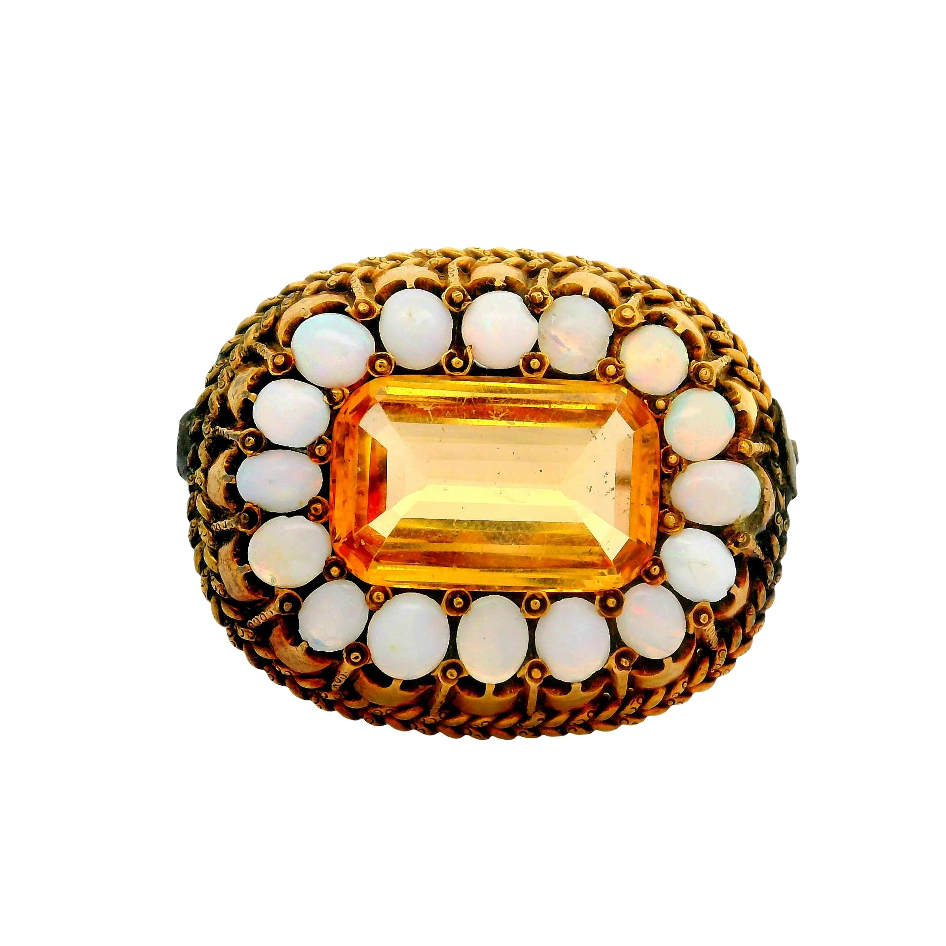 Antique Citrine Opal 10K Gold Halo Brooch