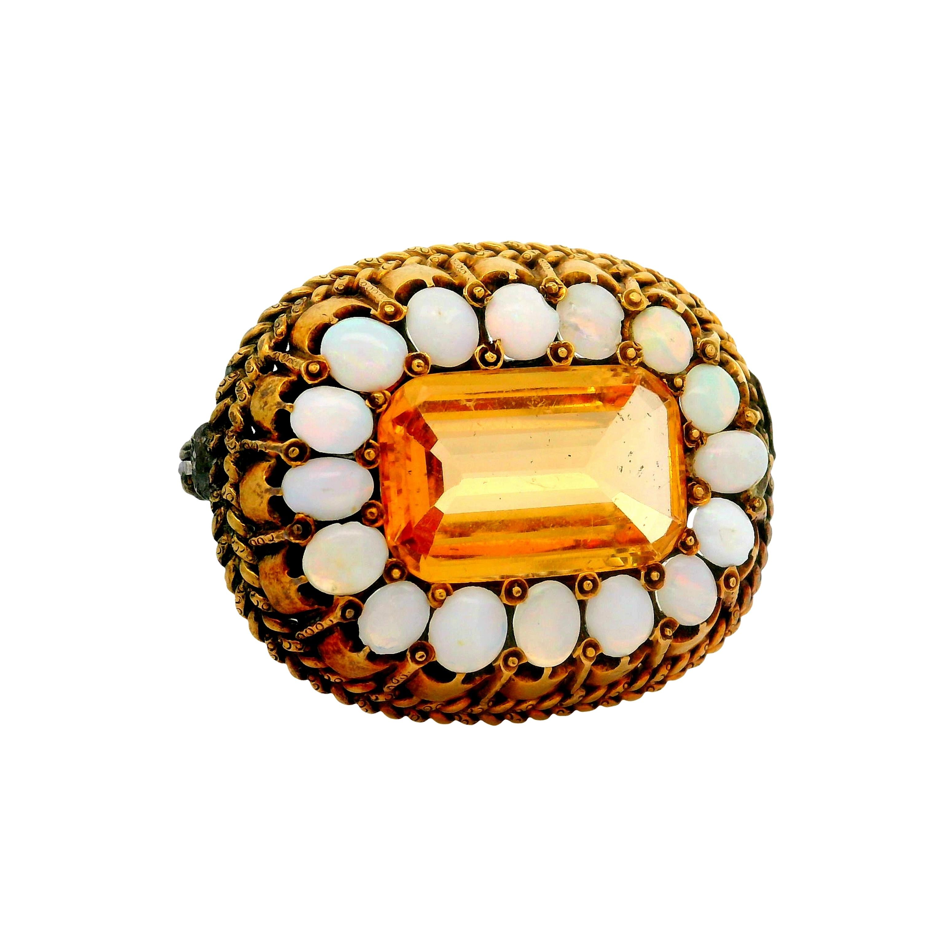 Antique Citrine Opal 10K Gold Halo Brooch
