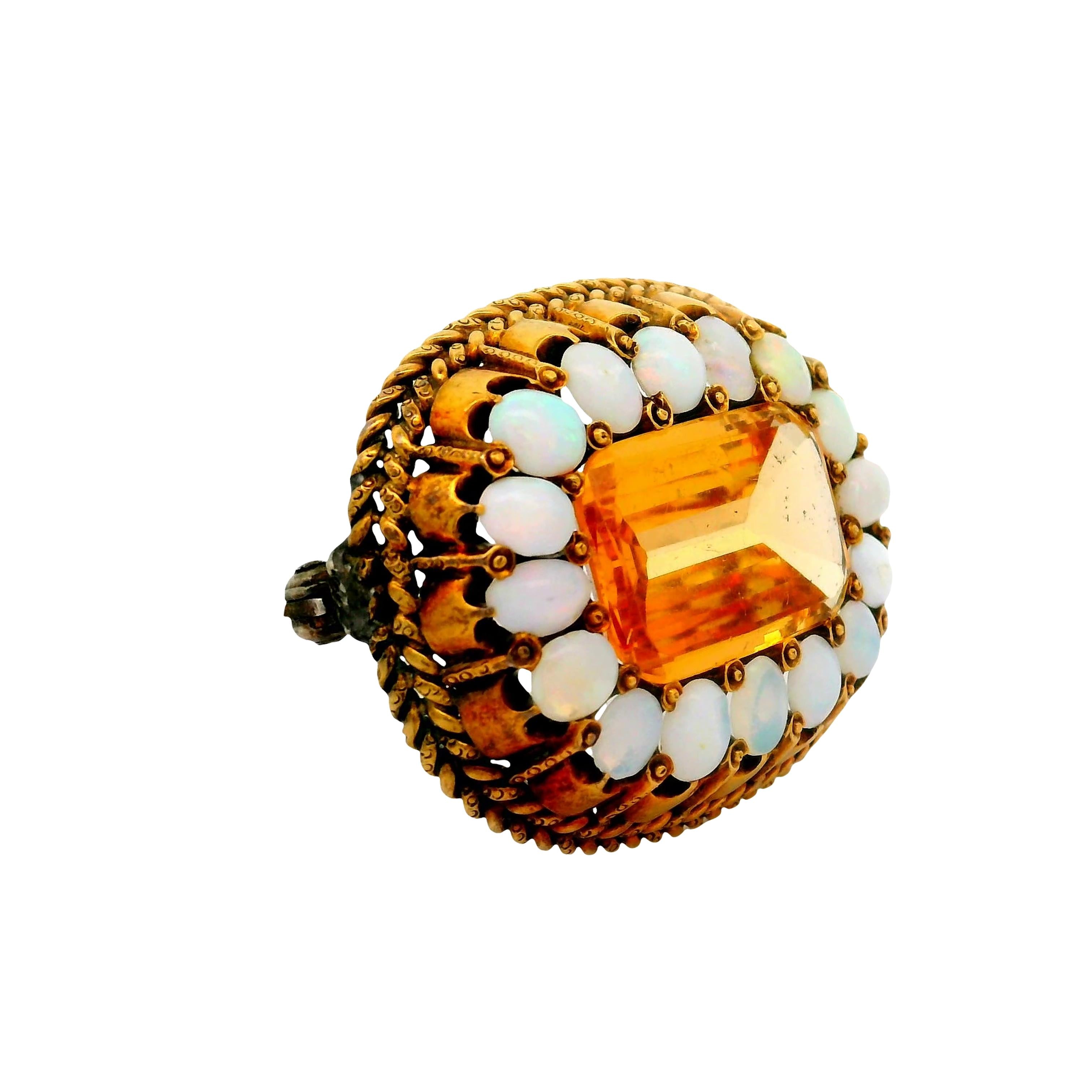 Antique Citrine Opal 10K Gold Halo Brooch