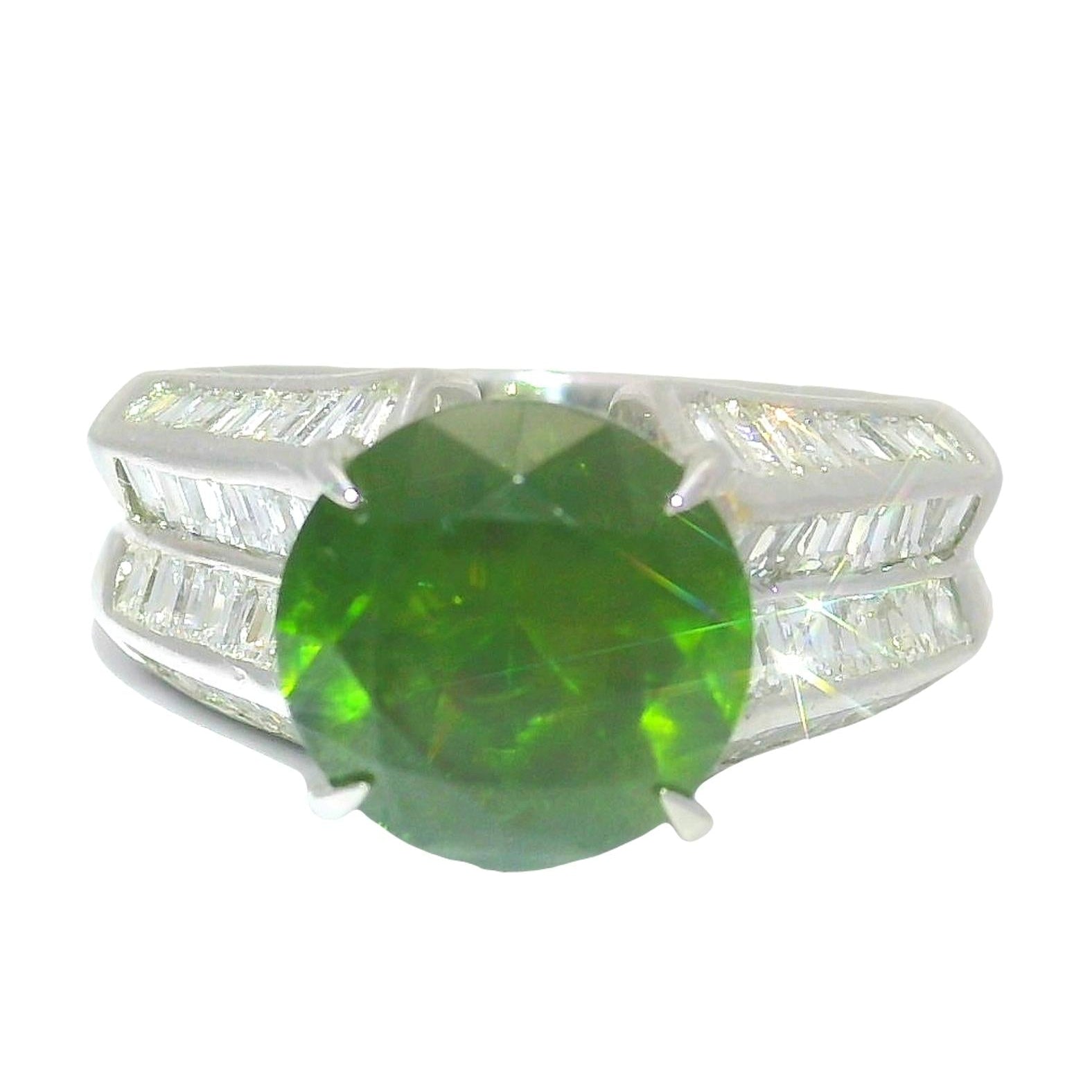 3.73 Carat Demantoid Garnet Diamond Platinum Ring, GRS Certified
