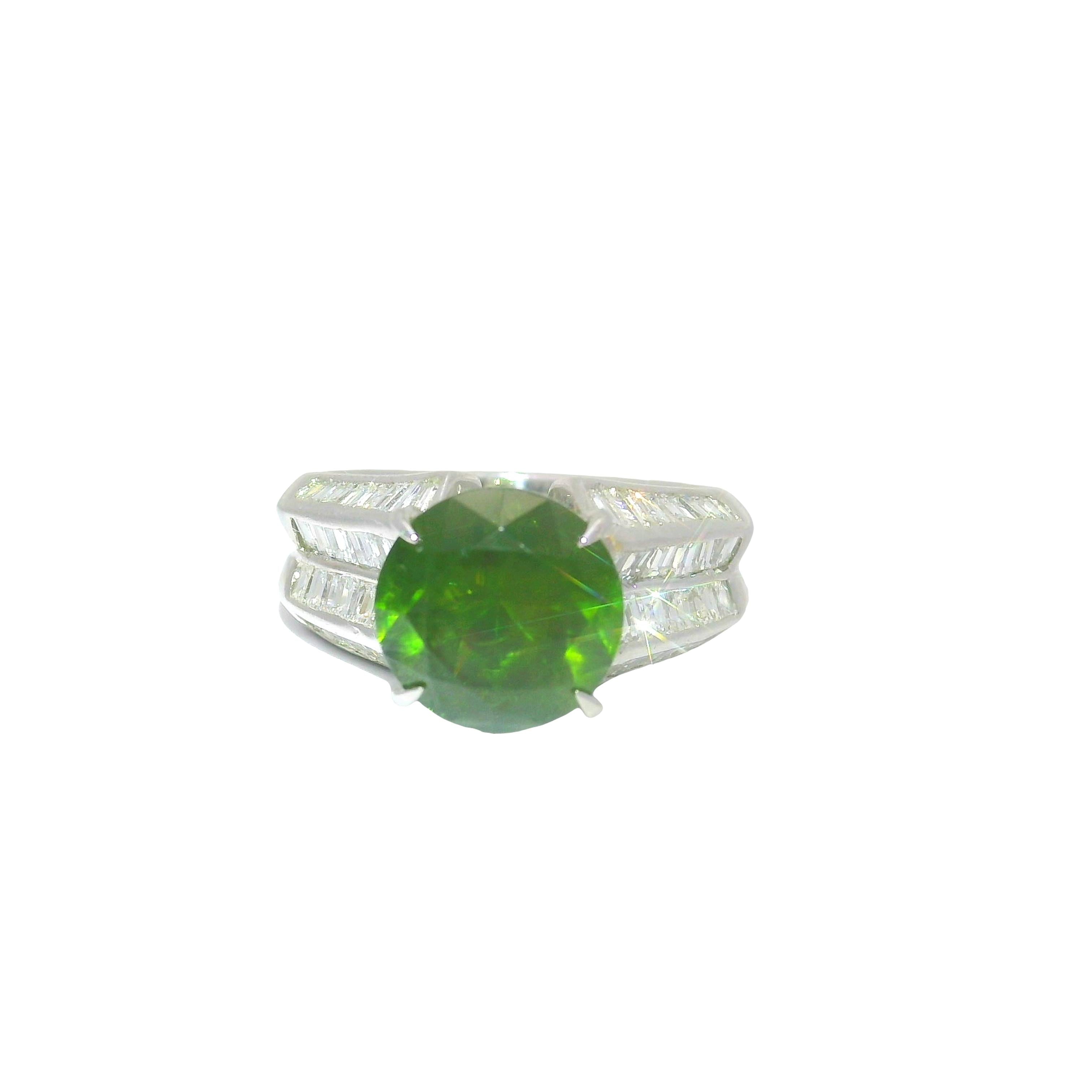 3.73 Carat Demantoid Garnet Diamond Platinum Ring, GRS Certified