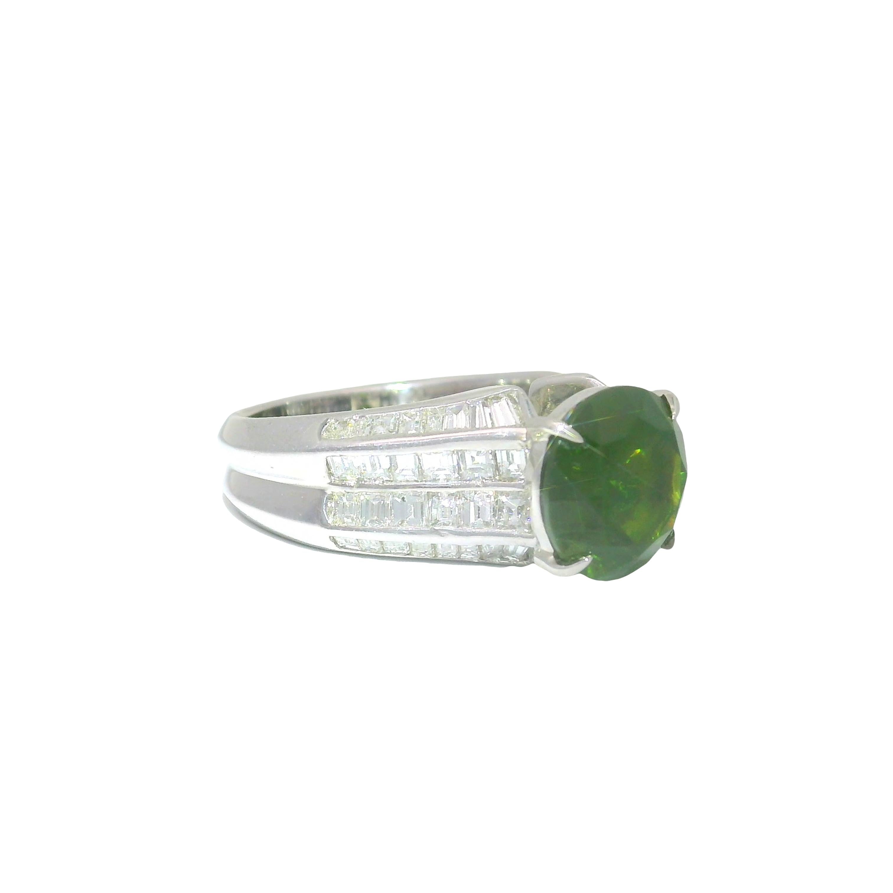 3.73 Carat Demantoid Garnet Diamond Platinum Ring, GRS Certified