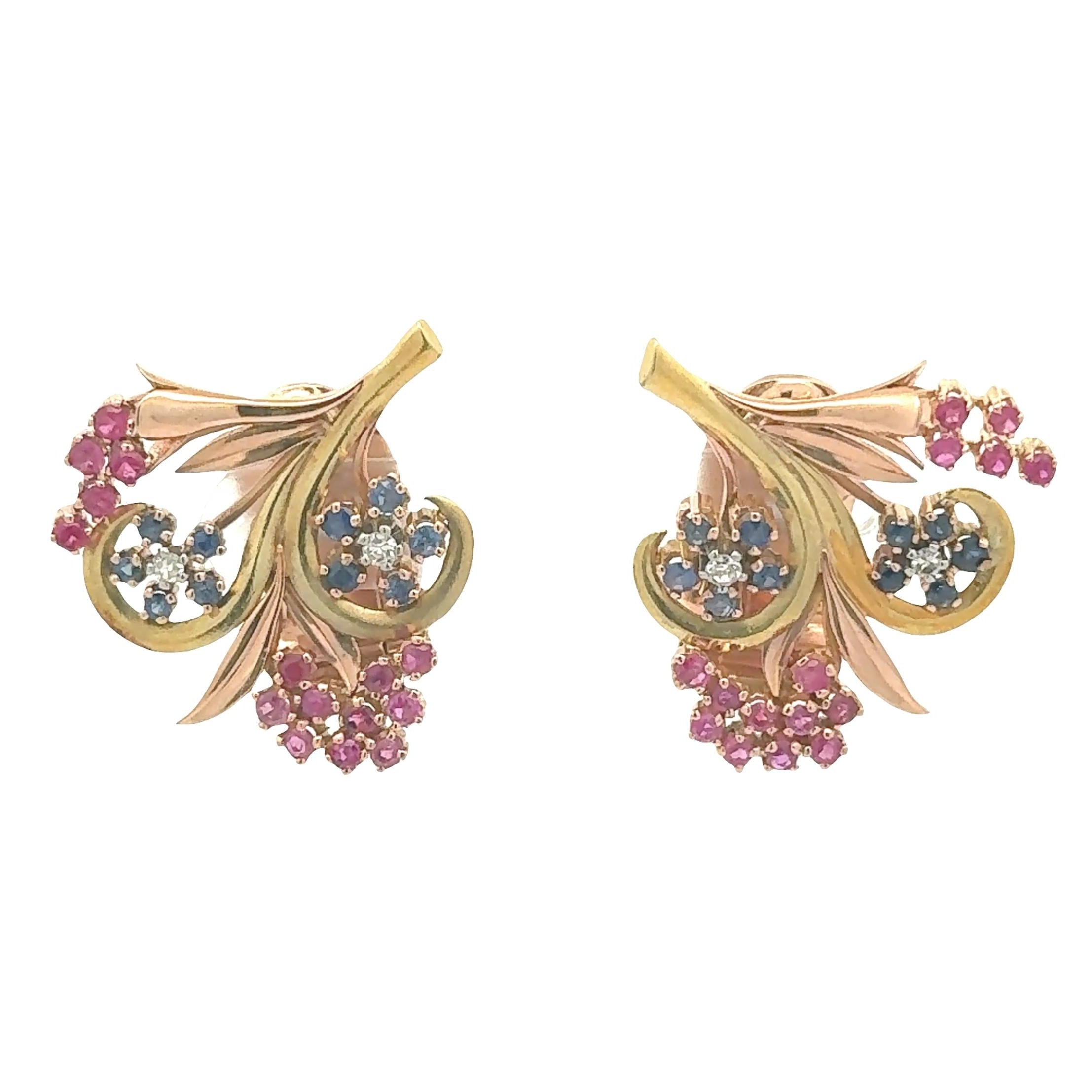 Retro Ruby Blue Sapphire Diamond 18K Two-Tone Floral Earrings