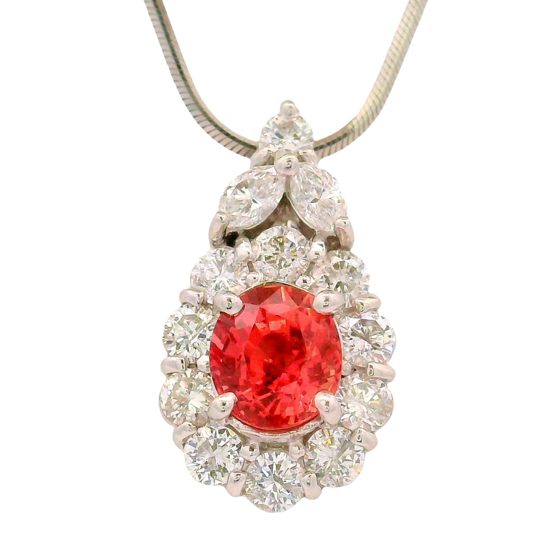 1.32 Carat Padparadscha Sapphire Diamond Platinum Halo Pendant Necklace, GIA