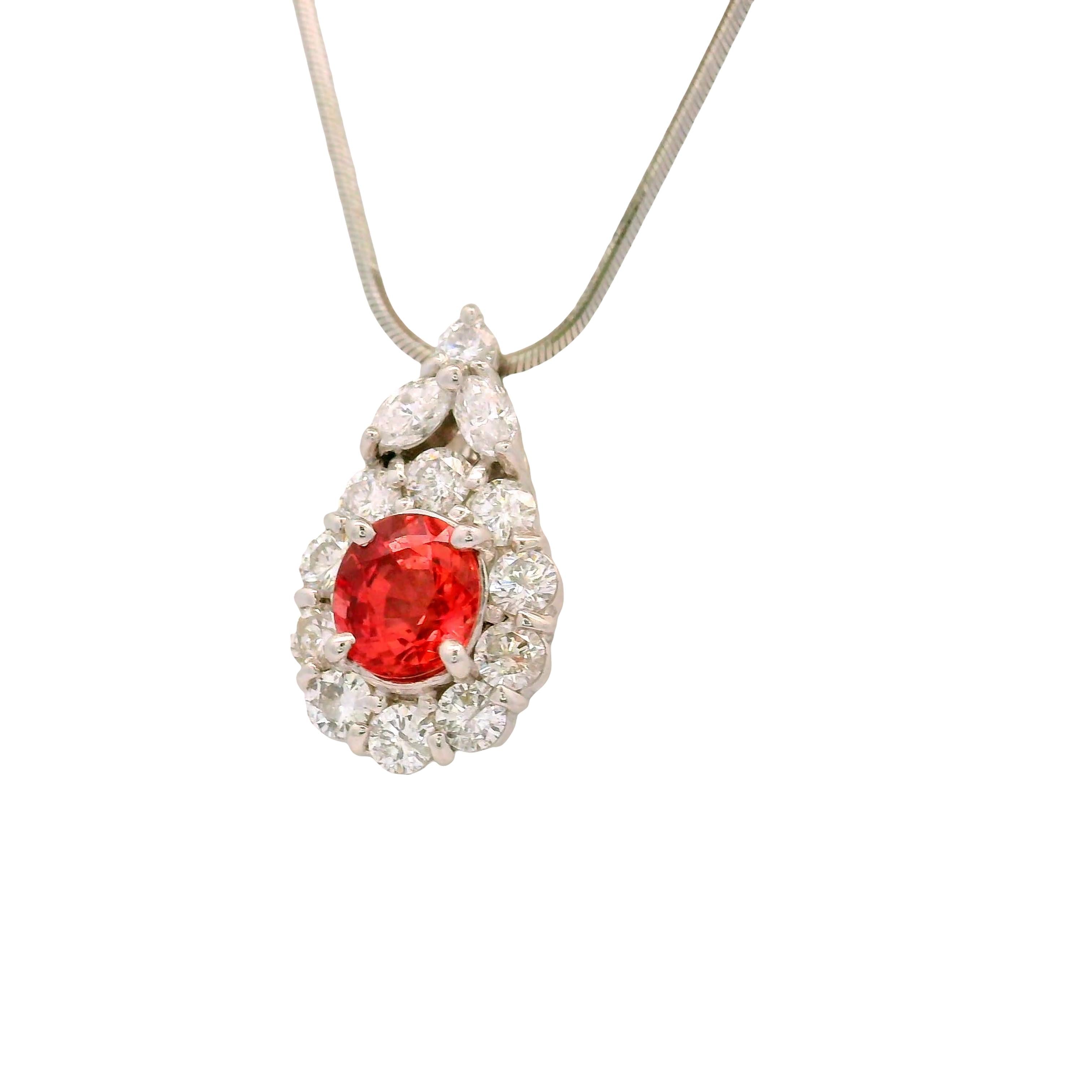 1.32 Carat Padparadscha Sapphire Diamond Platinum Halo Pendant Necklace, GIA