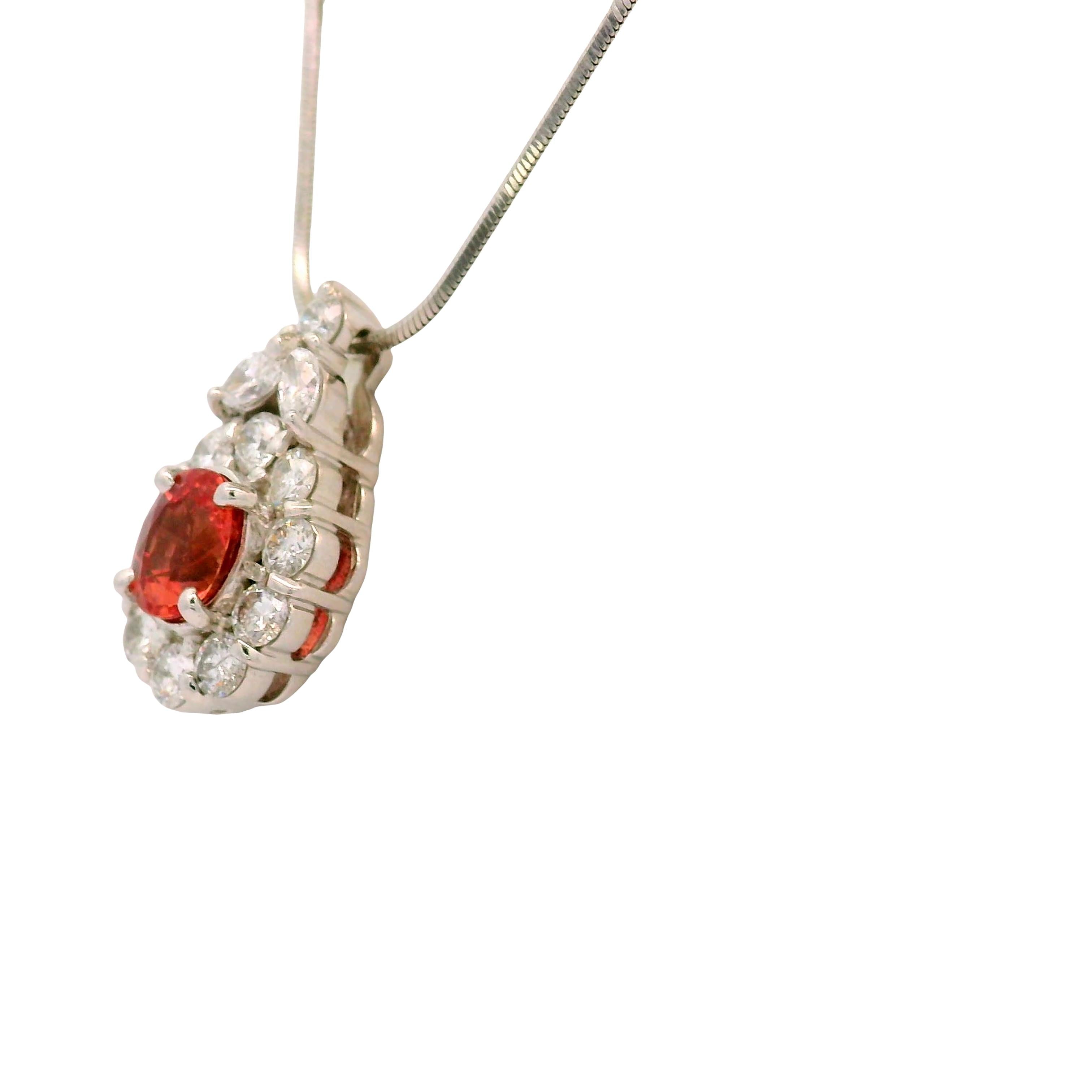 1.32 Carat Padparadscha Sapphire Diamond Platinum Halo Pendant Necklace, GIA