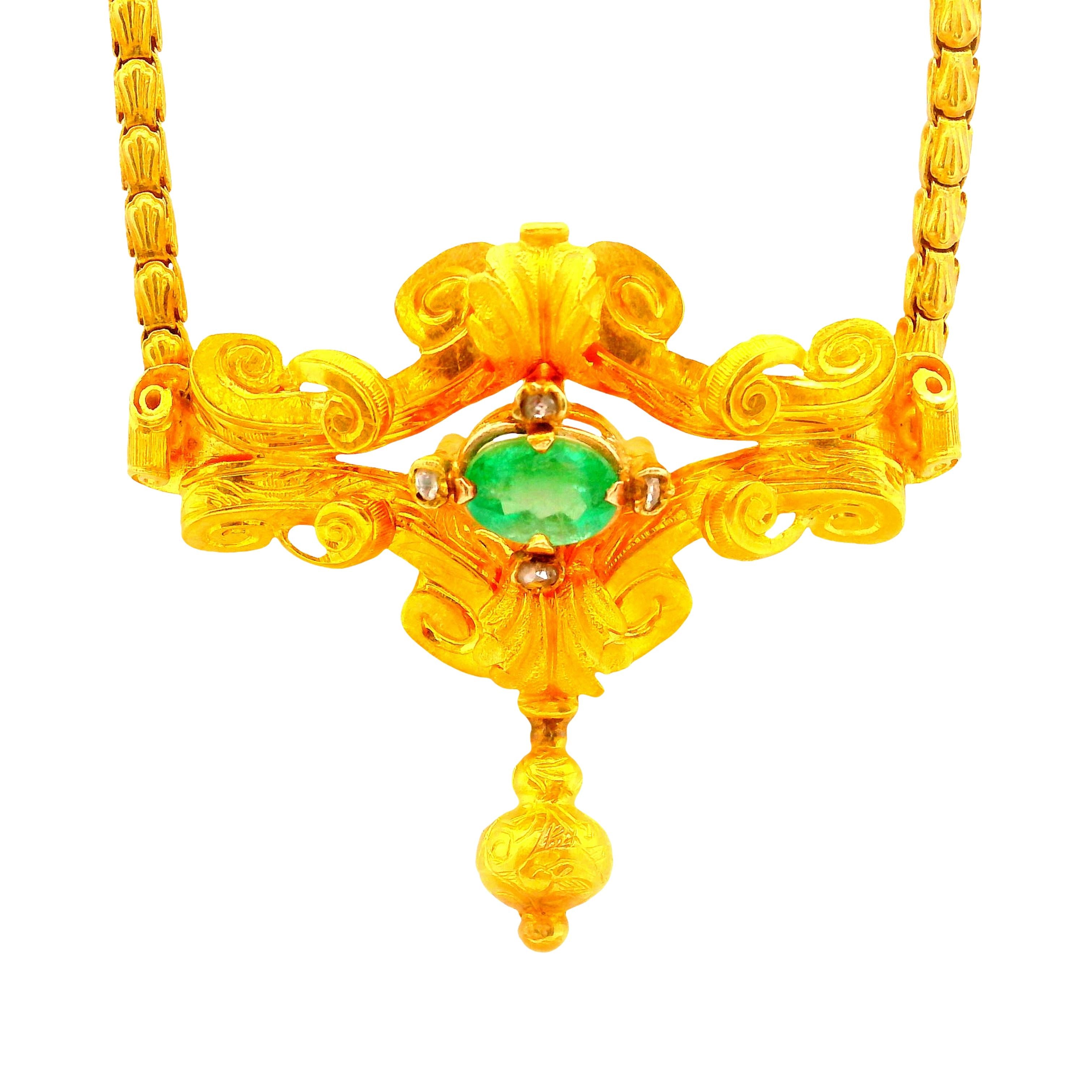 French Antique Emerald Diamond 18K Yellow Gold Necklace