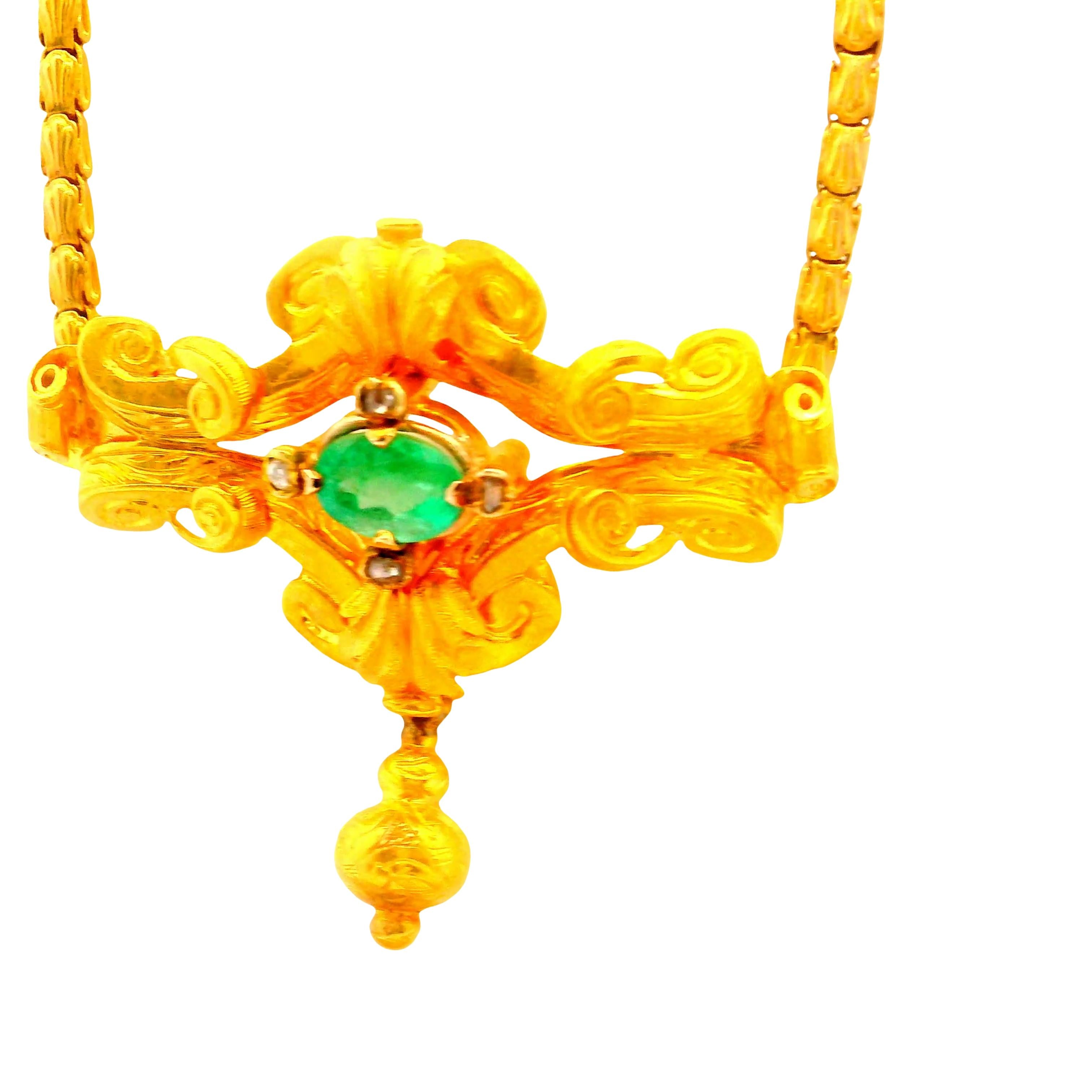 French Antique Emerald Diamond 18K Yellow Gold Necklace
