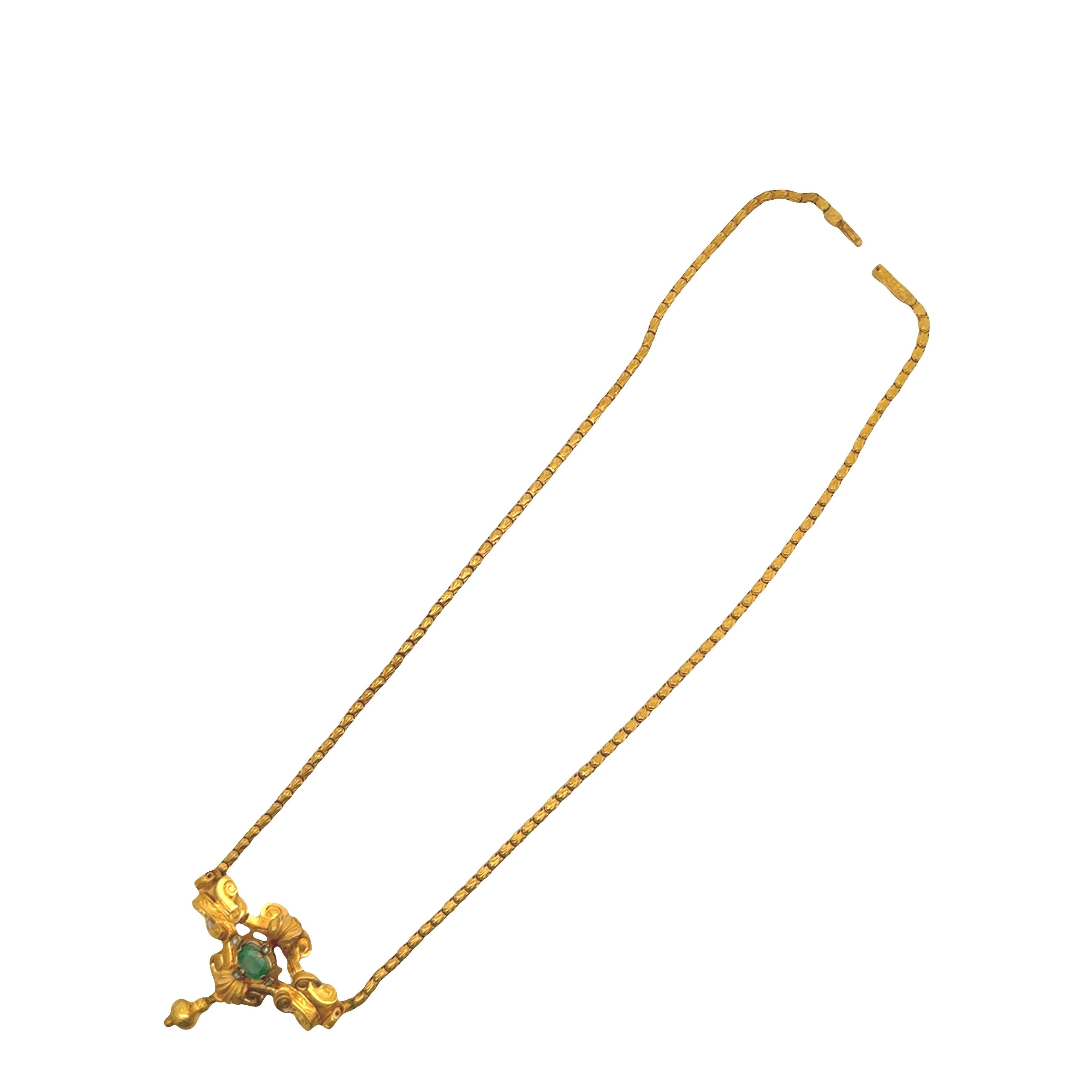 French Antique Emerald Diamond 18K Yellow Gold Necklace