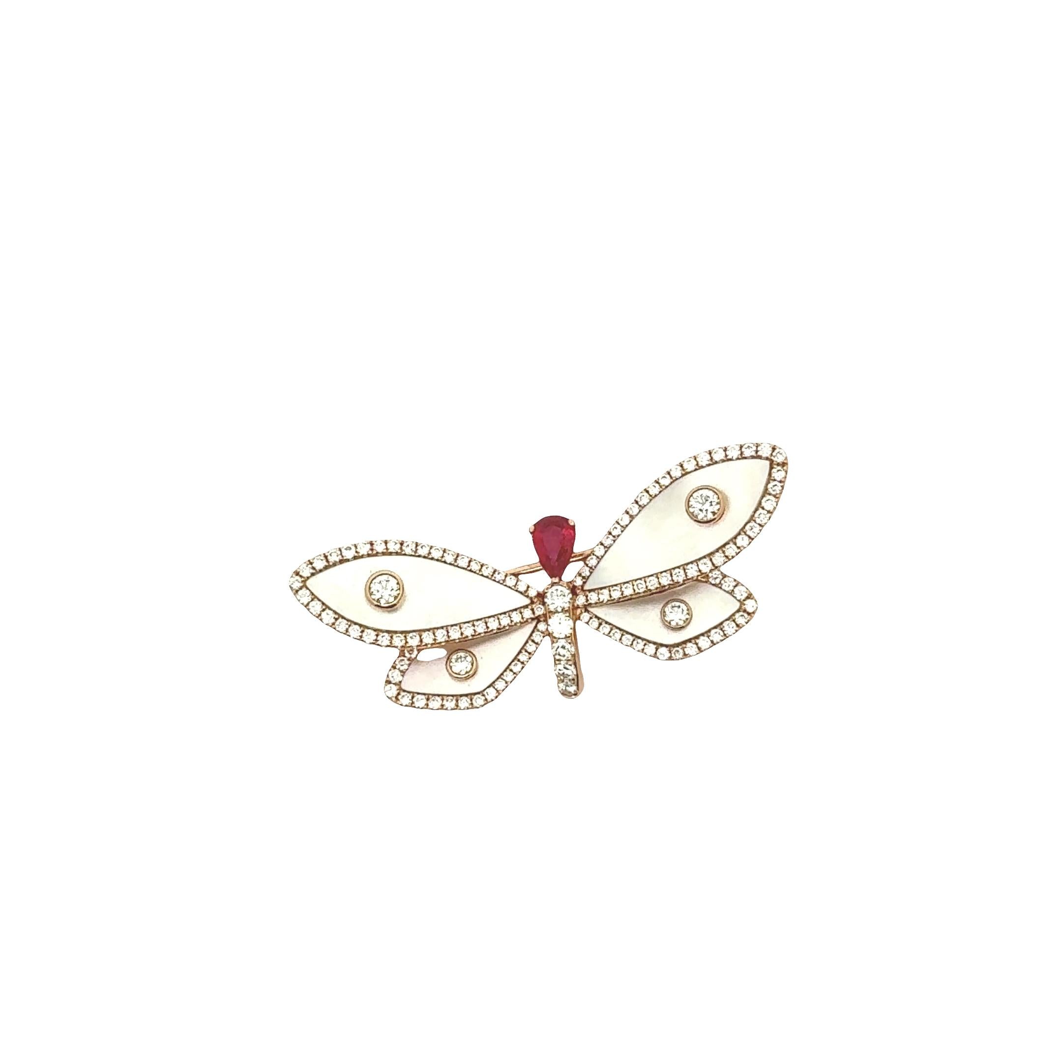 Mother-of-Pearl Diamond Ruby 18K Rose Gold Dragonfly Brooch