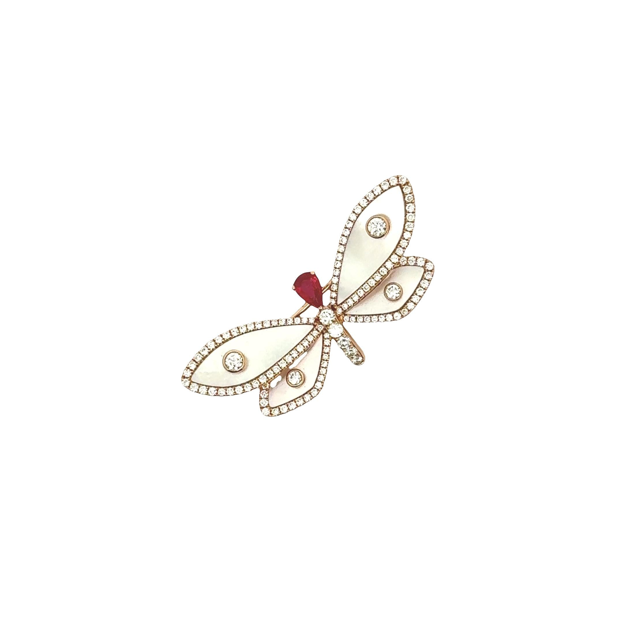 Mother-of-Pearl Diamond Ruby 18K Rose Gold Dragonfly Brooch
