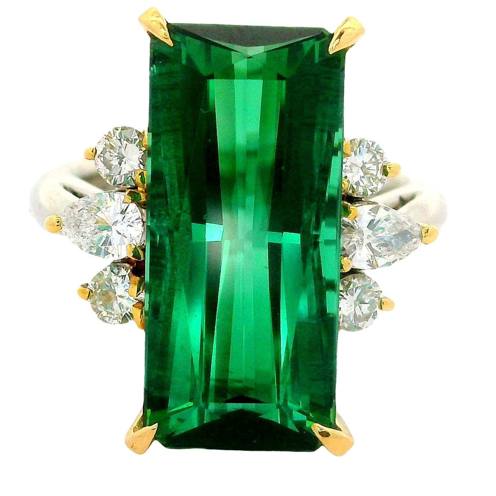 9.68 Carat Green Tourmaline Diamond Platinum 18K Yellow Gold Ring