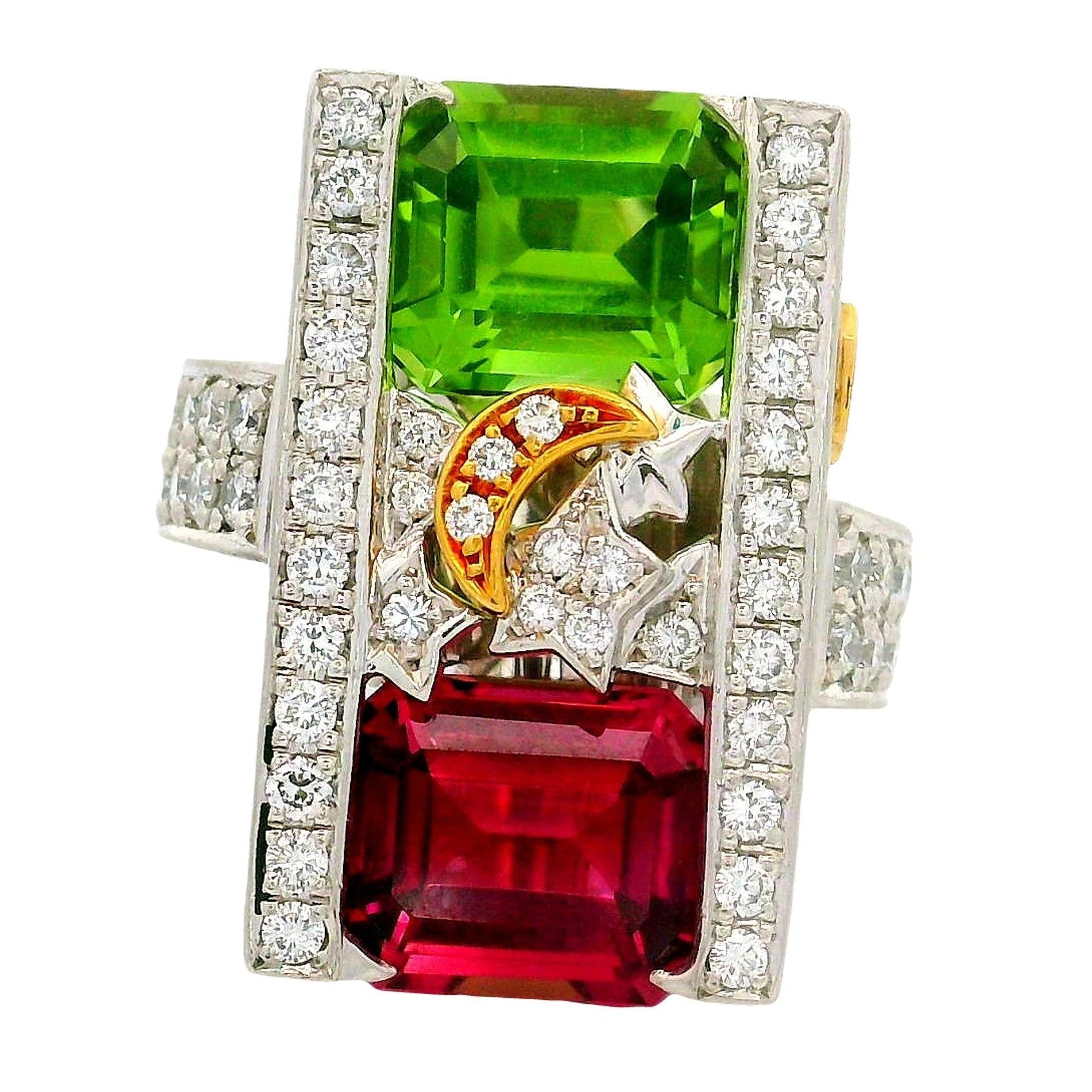 Green and Pink Tourmaline Diamond Platinum 18K Gold Stars-Moon Ring