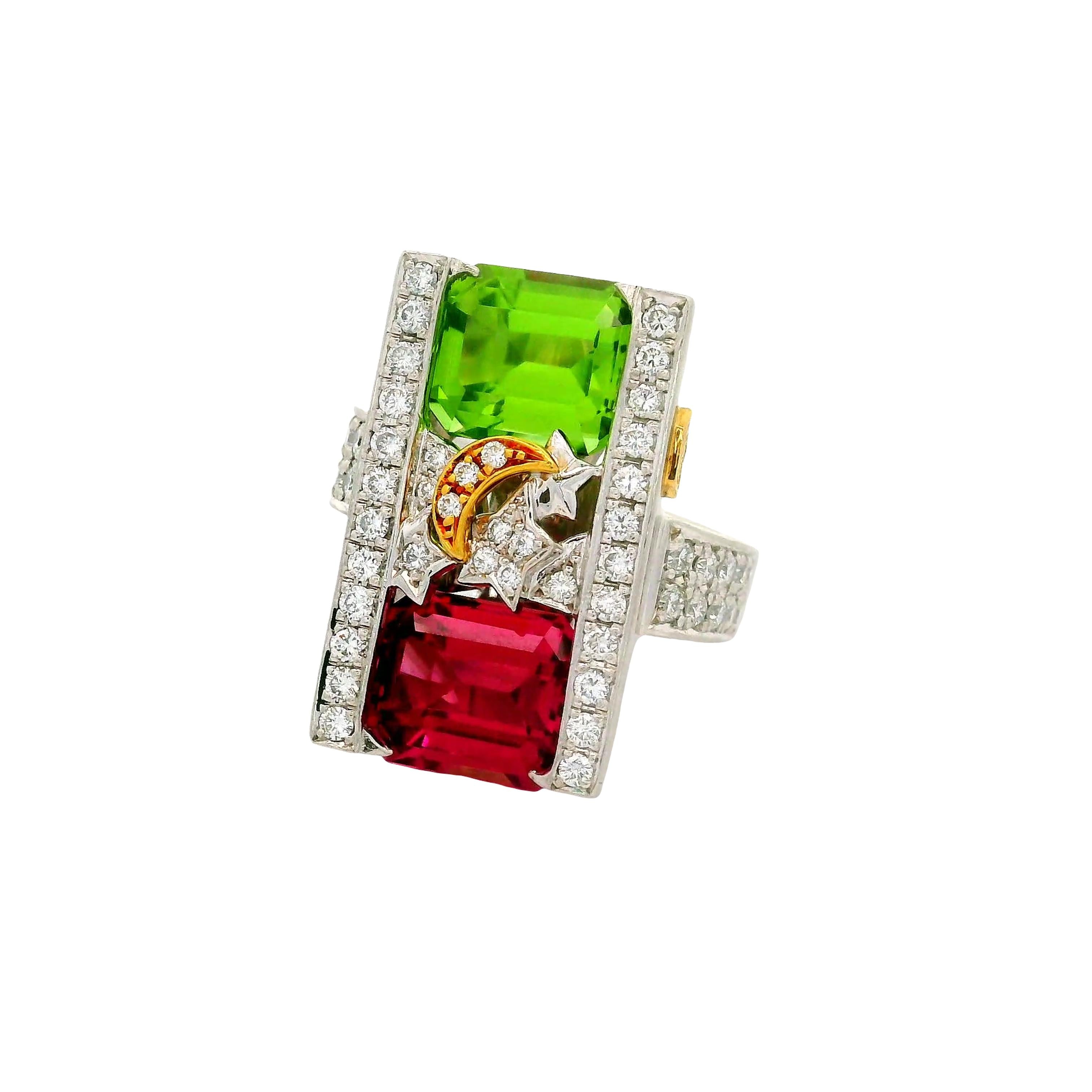 Green and Pink Tourmaline Diamond Platinum 18K Gold Stars-Moon Ring