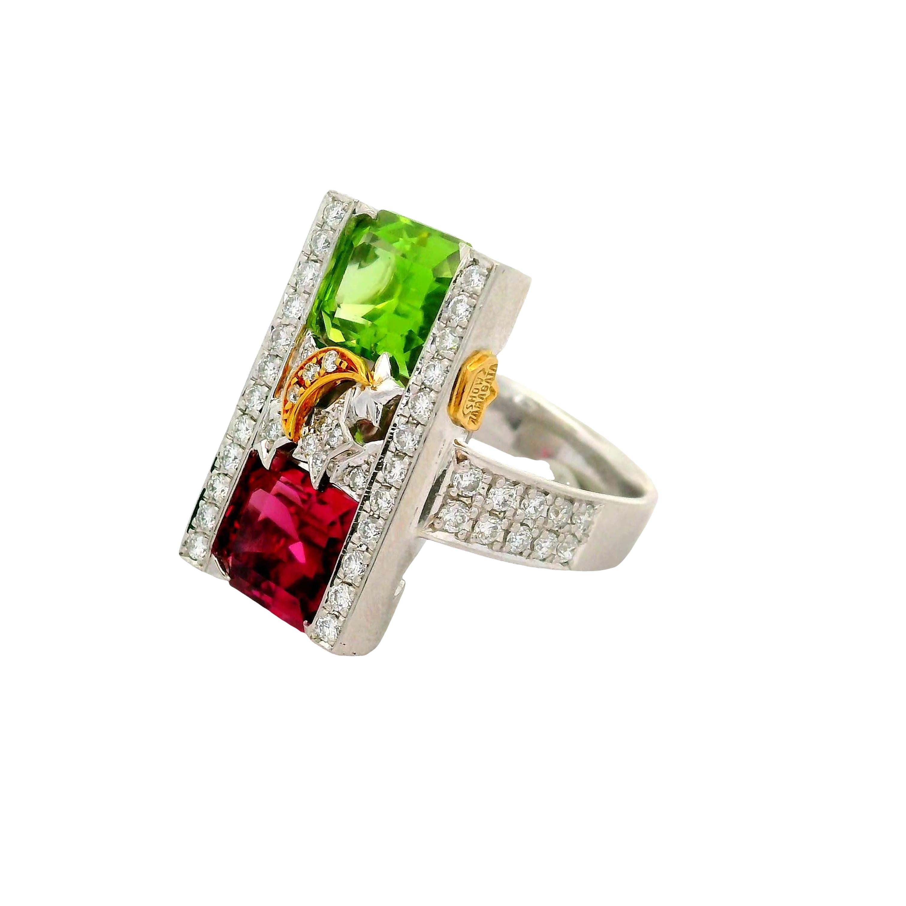 Green and Pink Tourmaline Diamond Platinum 18K Gold Stars-Moon Ring