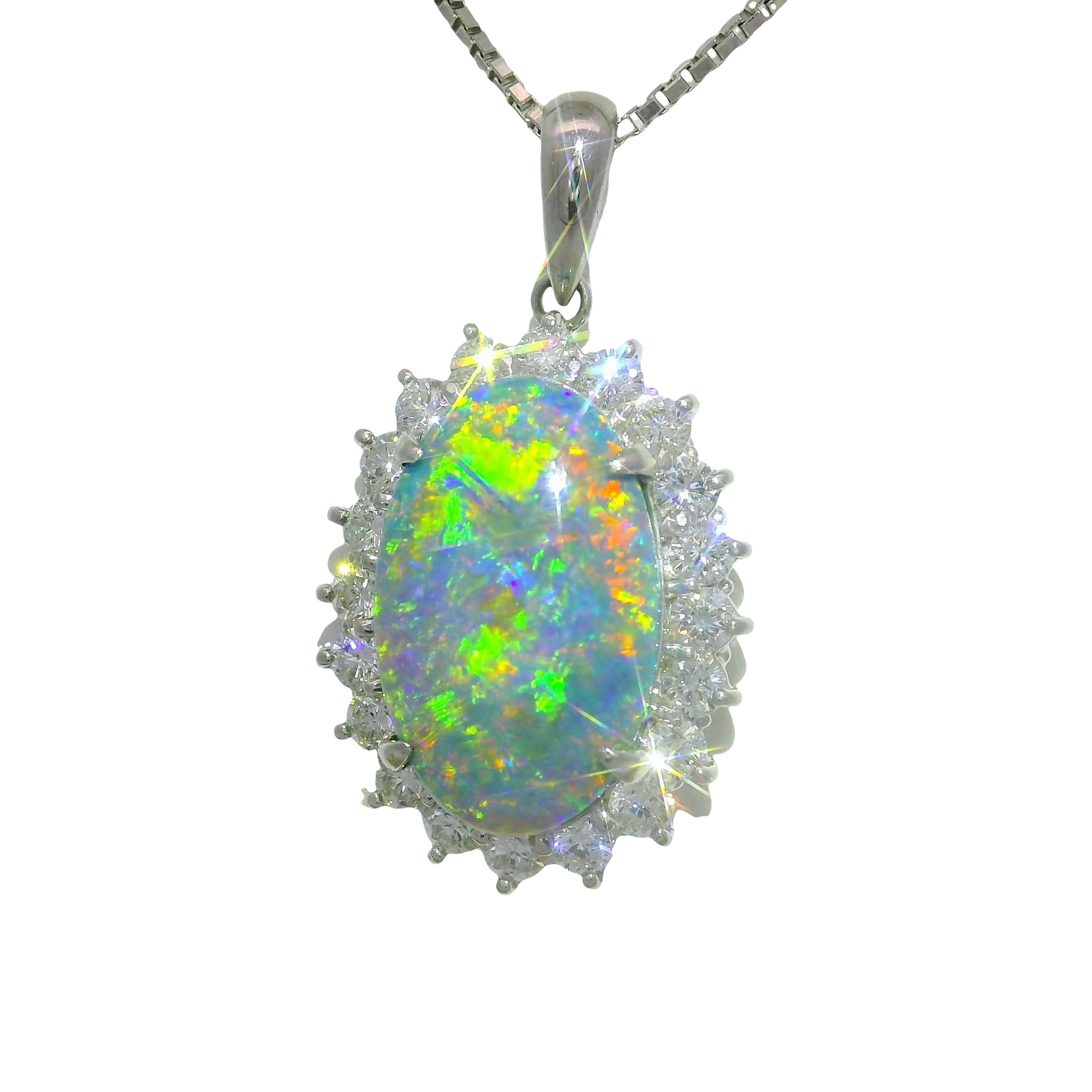 3.51 Carat Australian Black Opal Diamond Platinum Halo Pendant Necklace