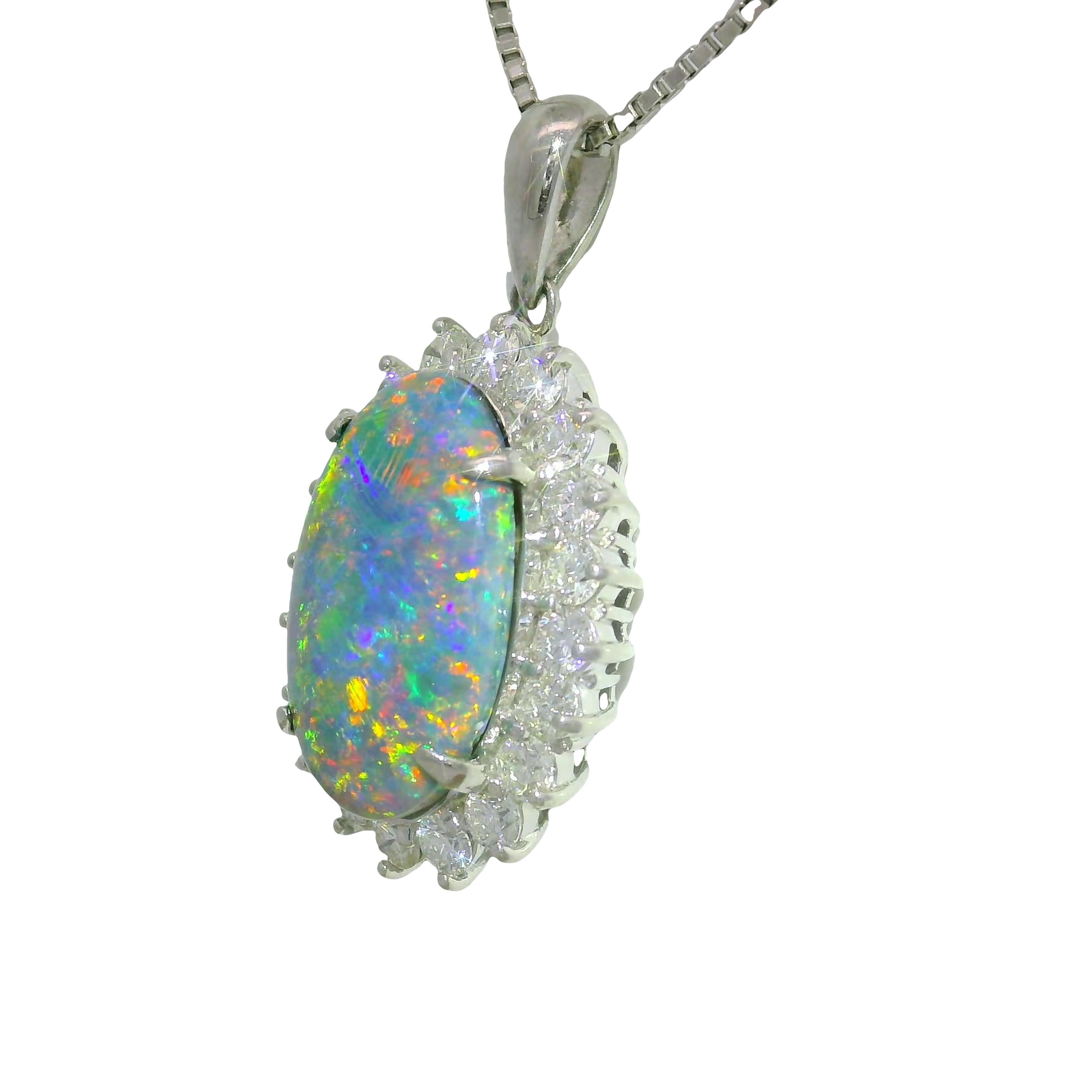 3.51 Carat Australian Black Opal Diamond Platinum Halo Pendant Necklace