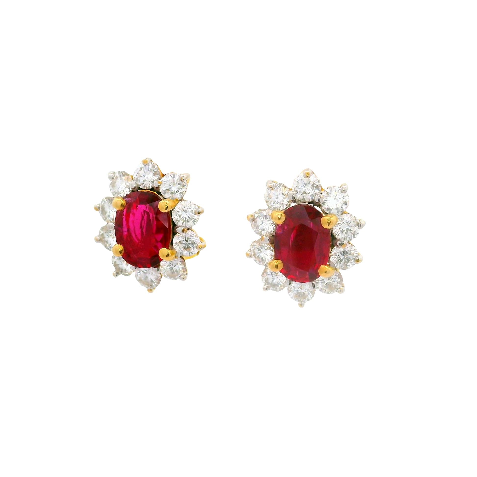 2.34 Carats Ruby Diamond 18k Yellow Gold Halo Earrings, GIA Certified