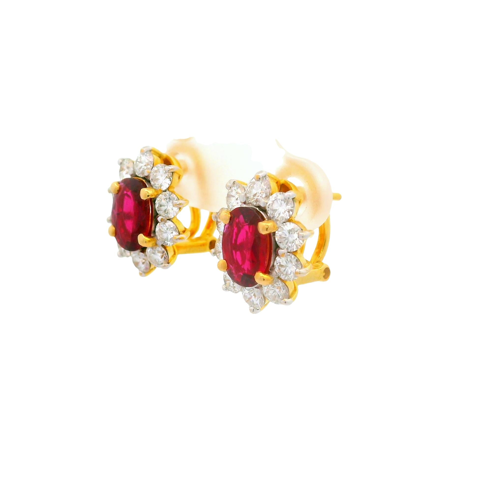 2.34 Carats Ruby Diamond 18k Yellow Gold Halo Earrings, GIA Certified