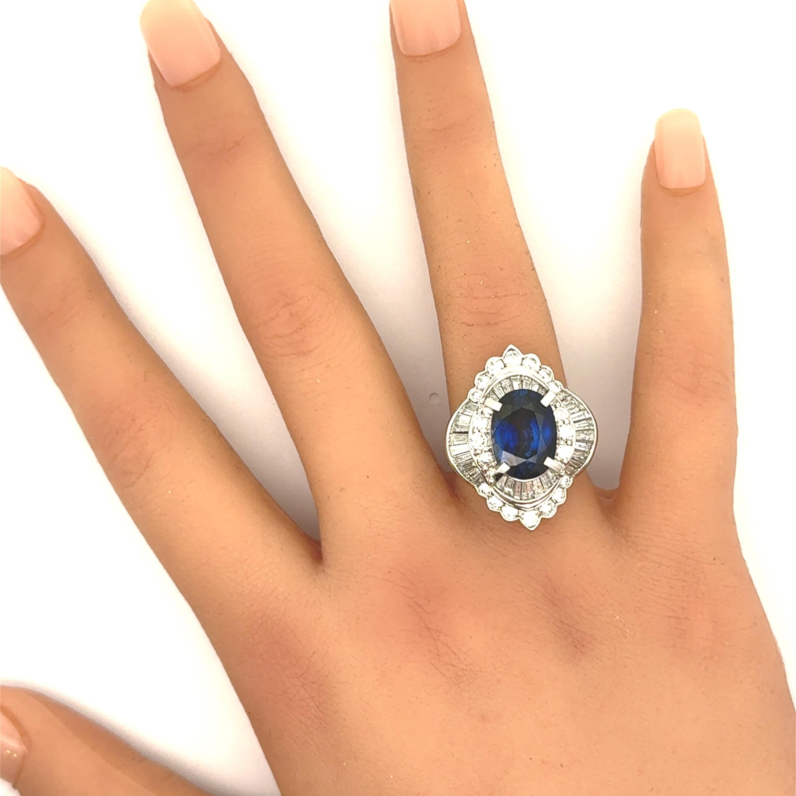 5.82 Carat Blue Sapphire Diamond Platinum Ballerina Ring