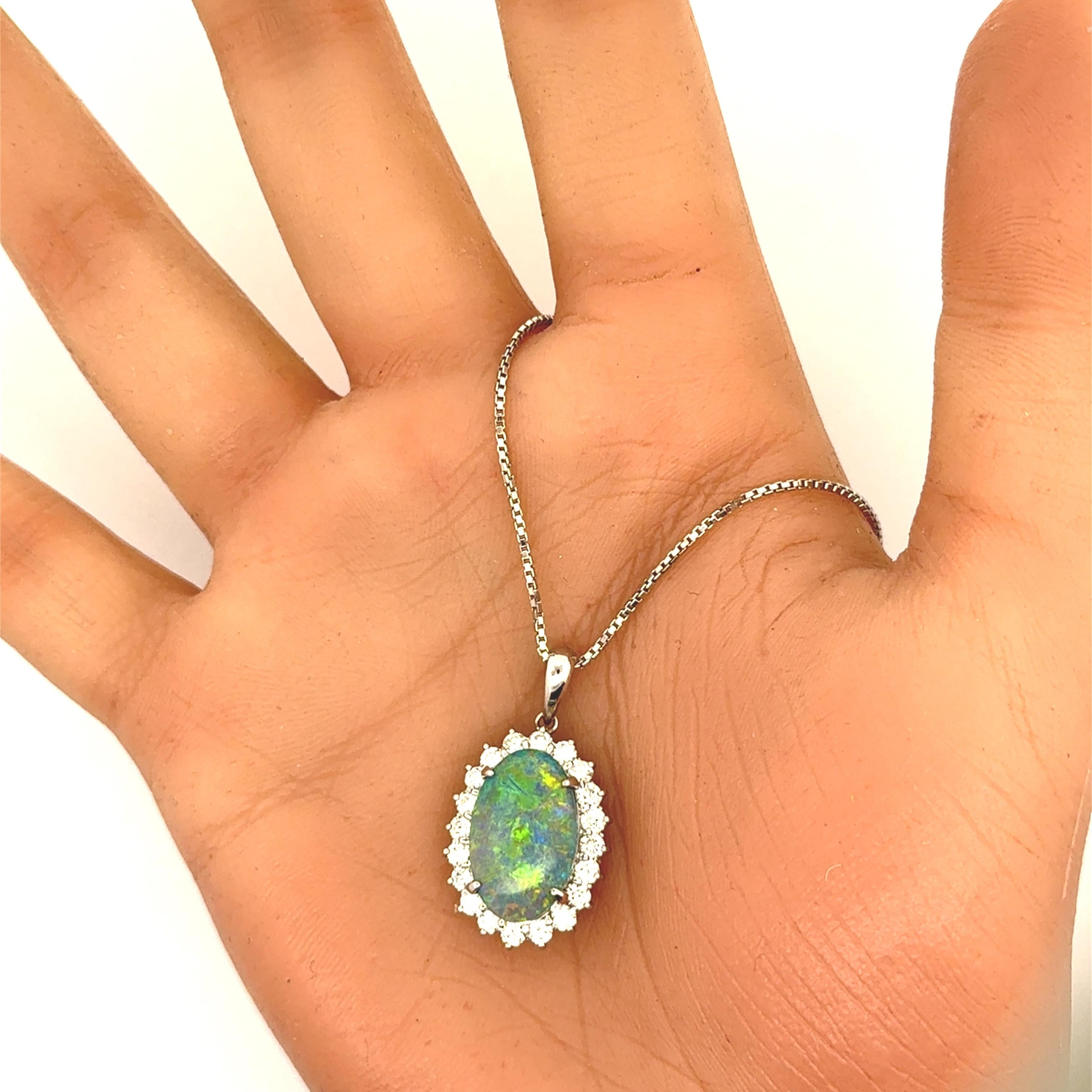 3.51 Carat Australian Black Opal Diamond Platinum Halo Pendant Necklace