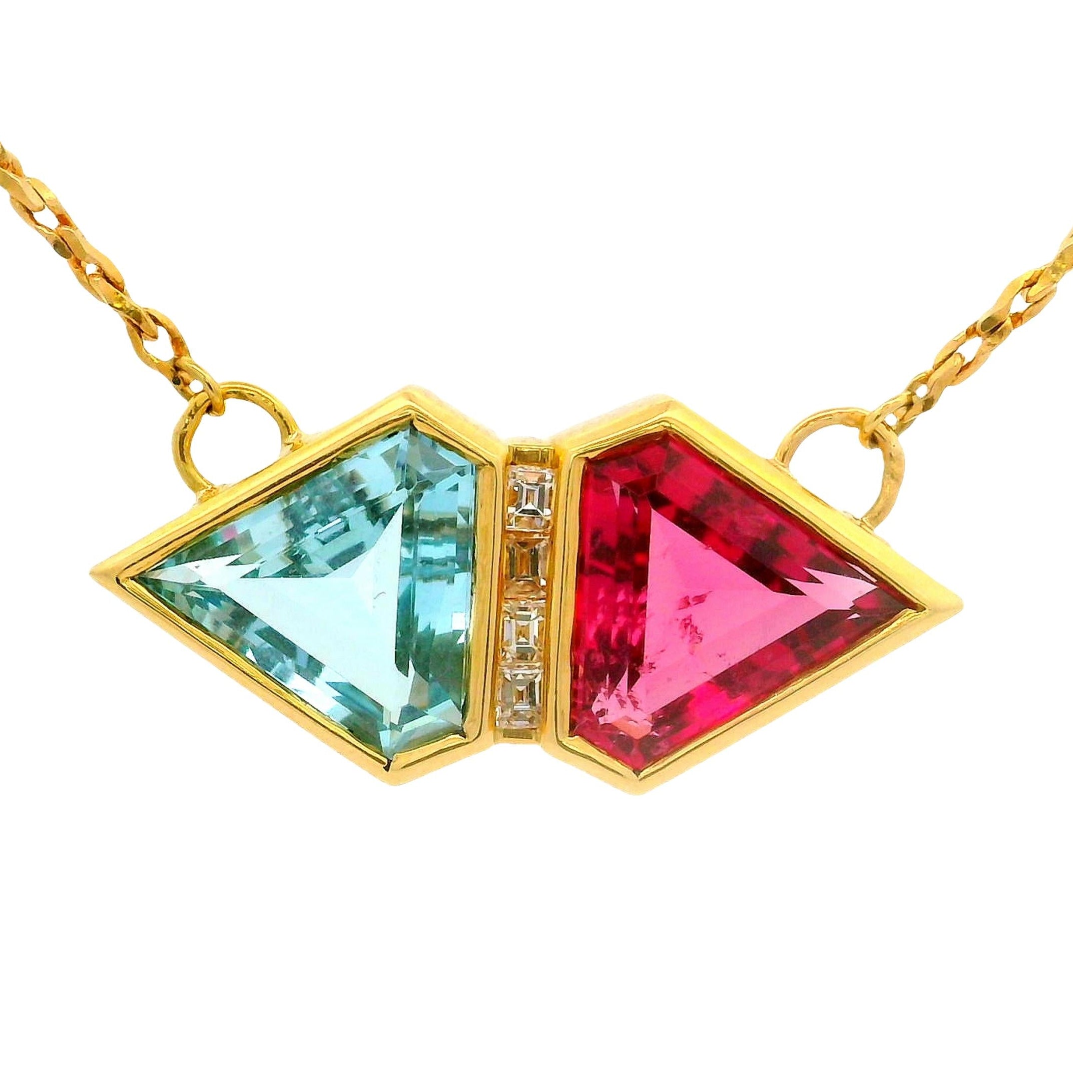 Tourmaline Rubellite Aquamarine Diamond 18K Yellow Gold Necklace