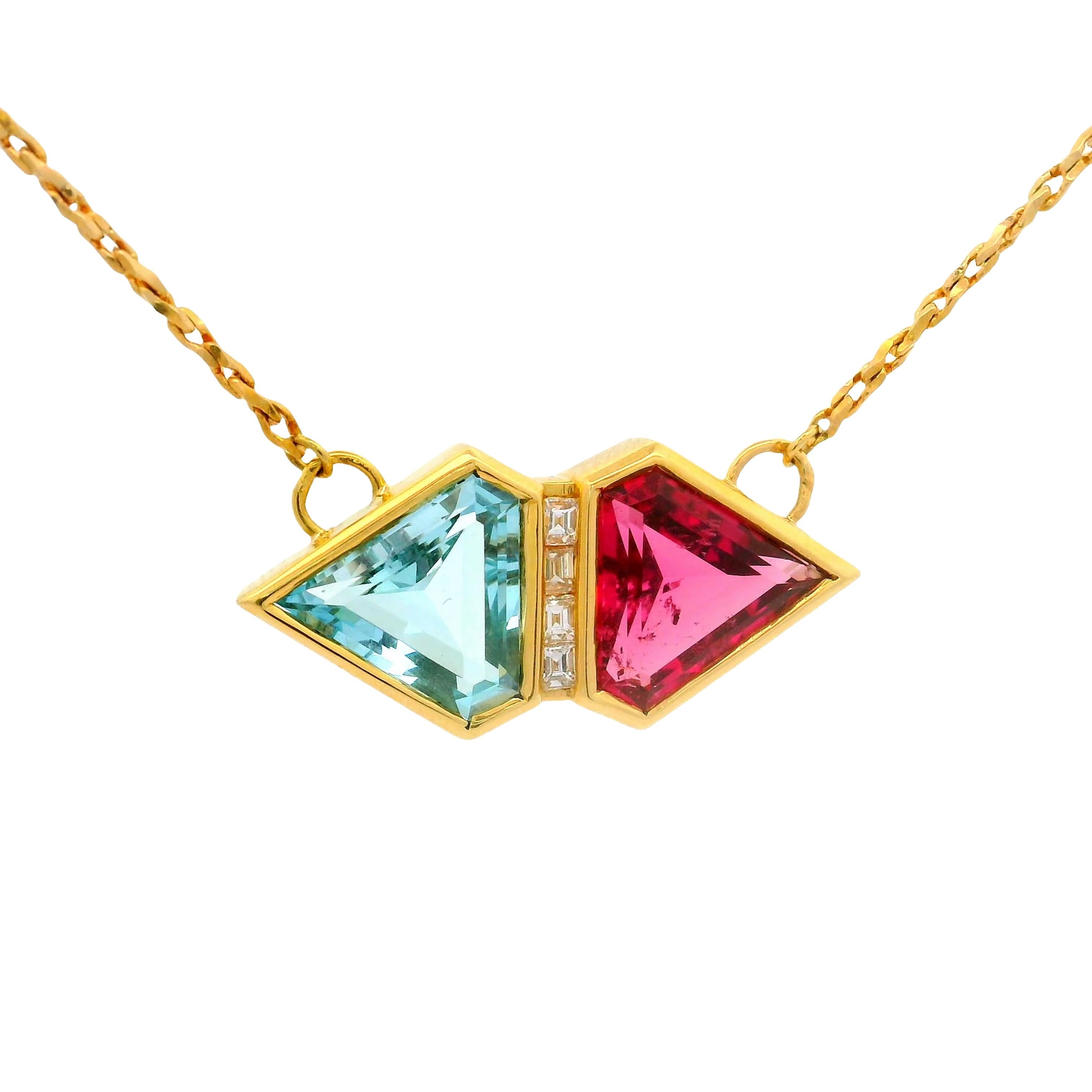 Tourmaline Rubellite Aquamarine Diamond 18K Yellow Gold Necklace