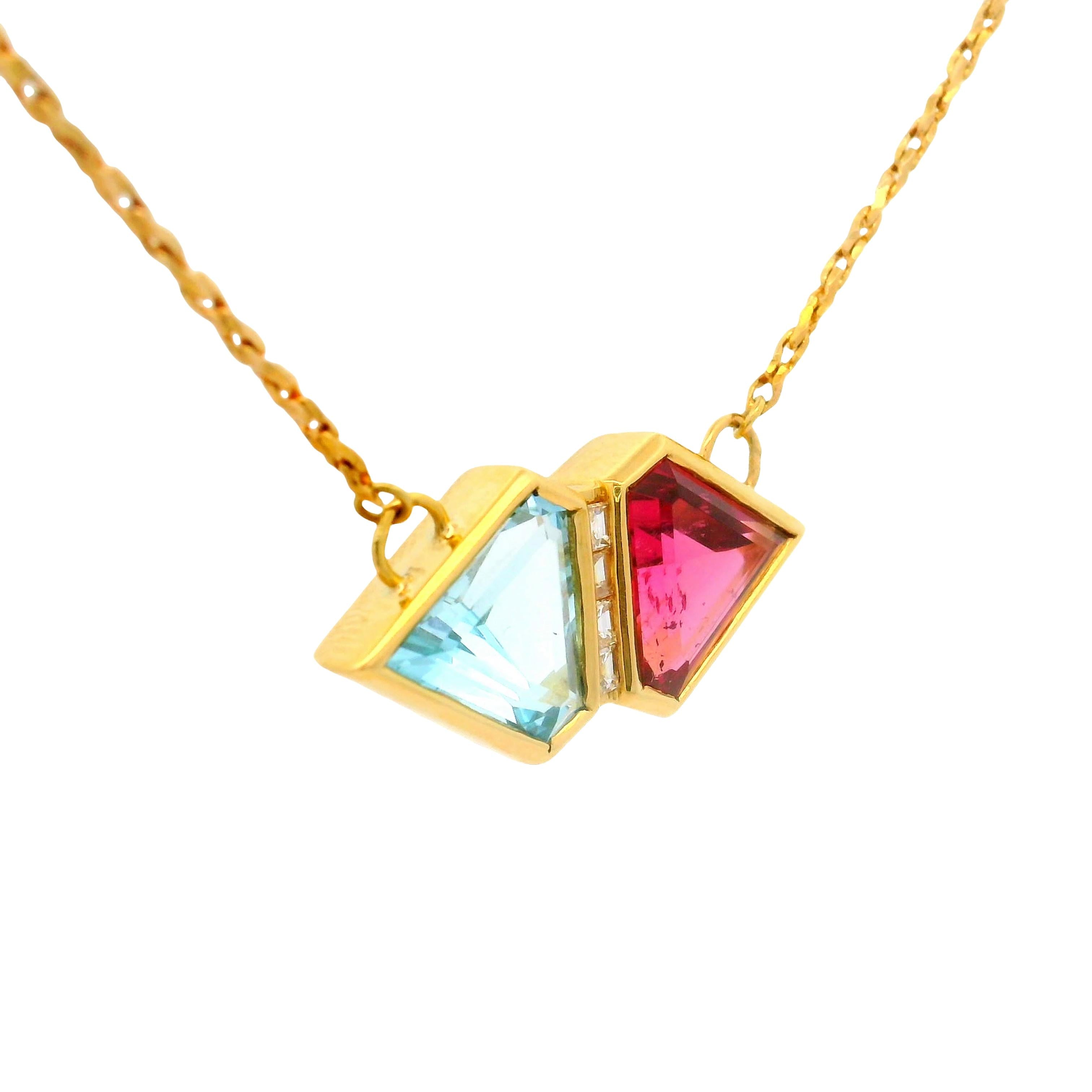Tourmaline Rubellite Aquamarine Diamond 18K Yellow Gold Necklace