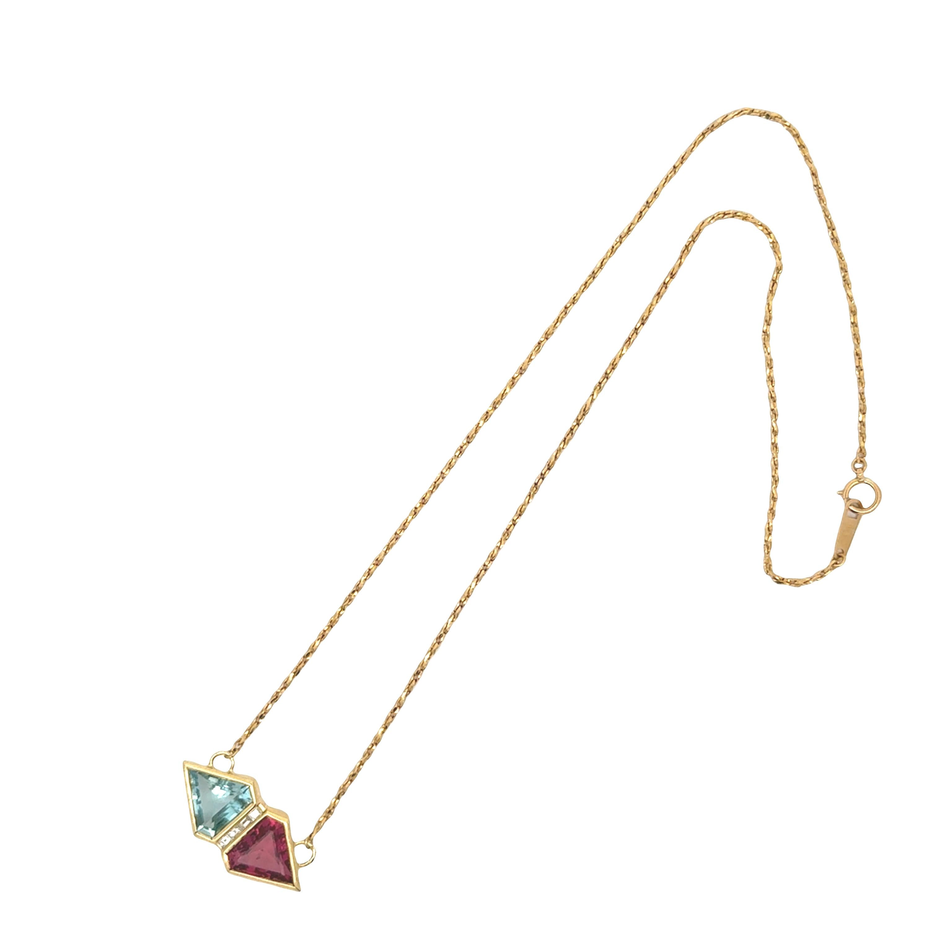 Tourmaline Rubellite Aquamarine Diamond 18K Yellow Gold Necklace