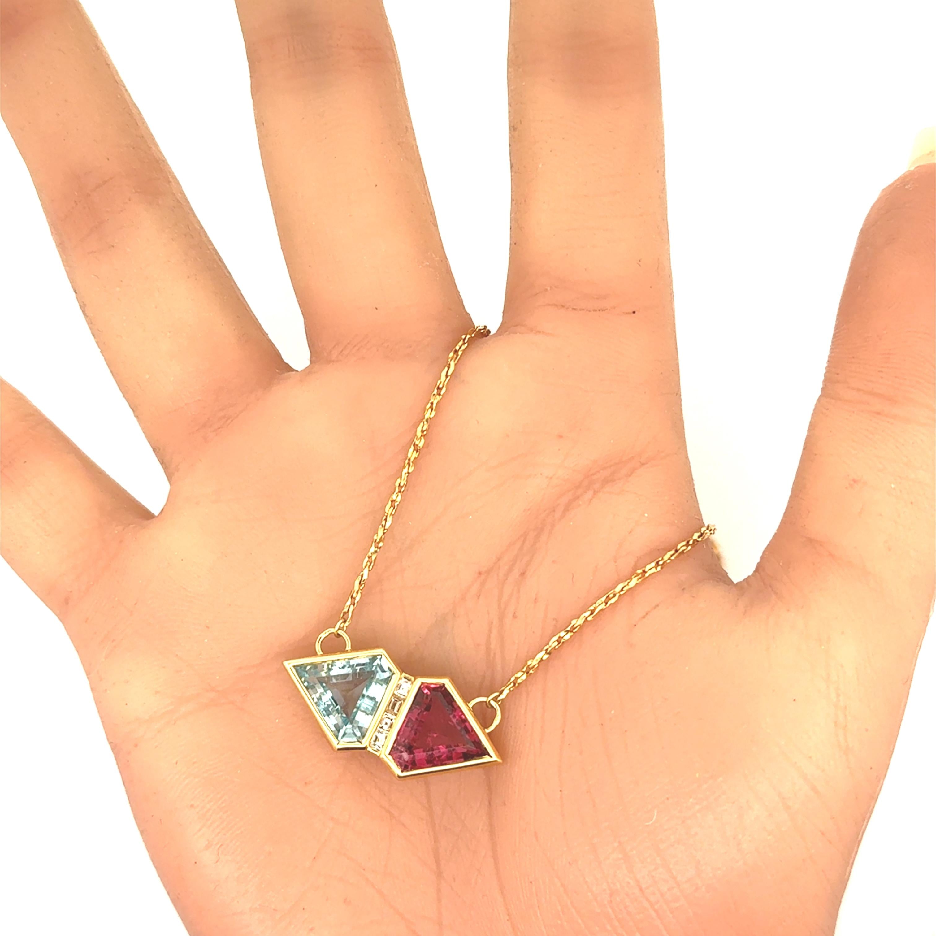 Tourmaline Rubellite Aquamarine Diamond 18K Yellow Gold Necklace