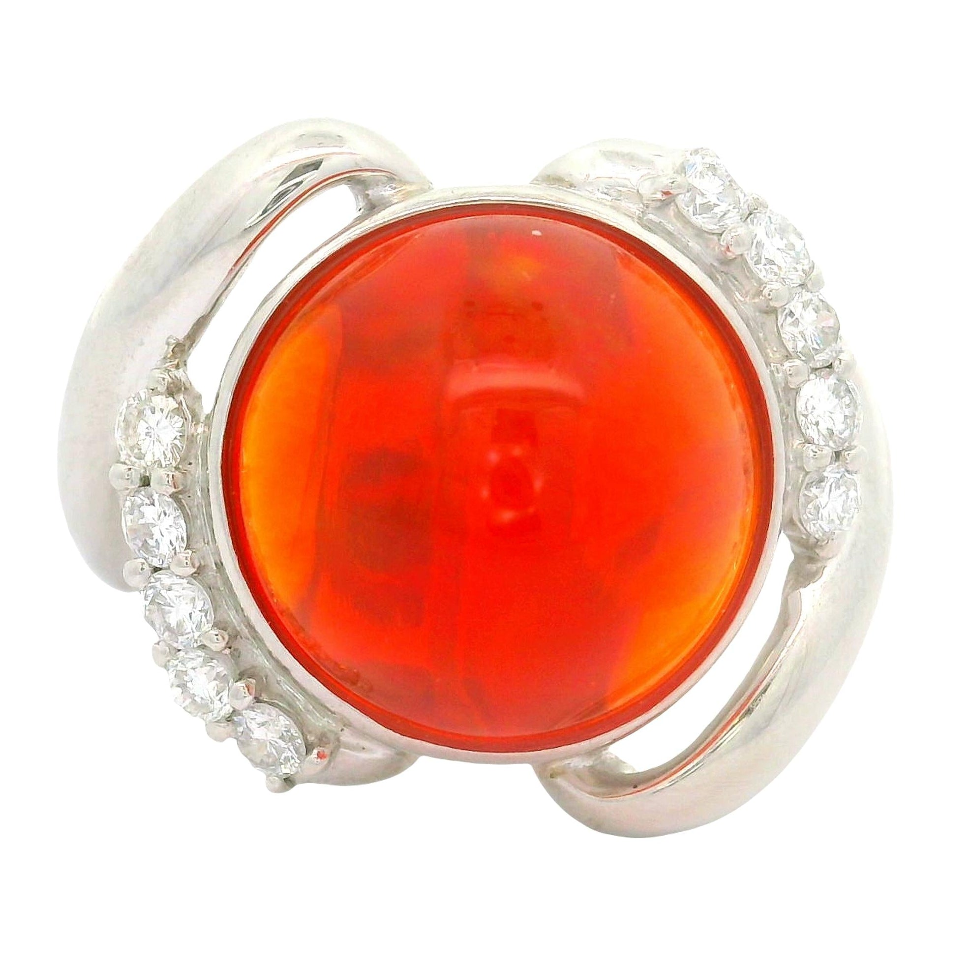6.77 Carat Mexican Fire Opal Diamond Platinum Ribbon Ring