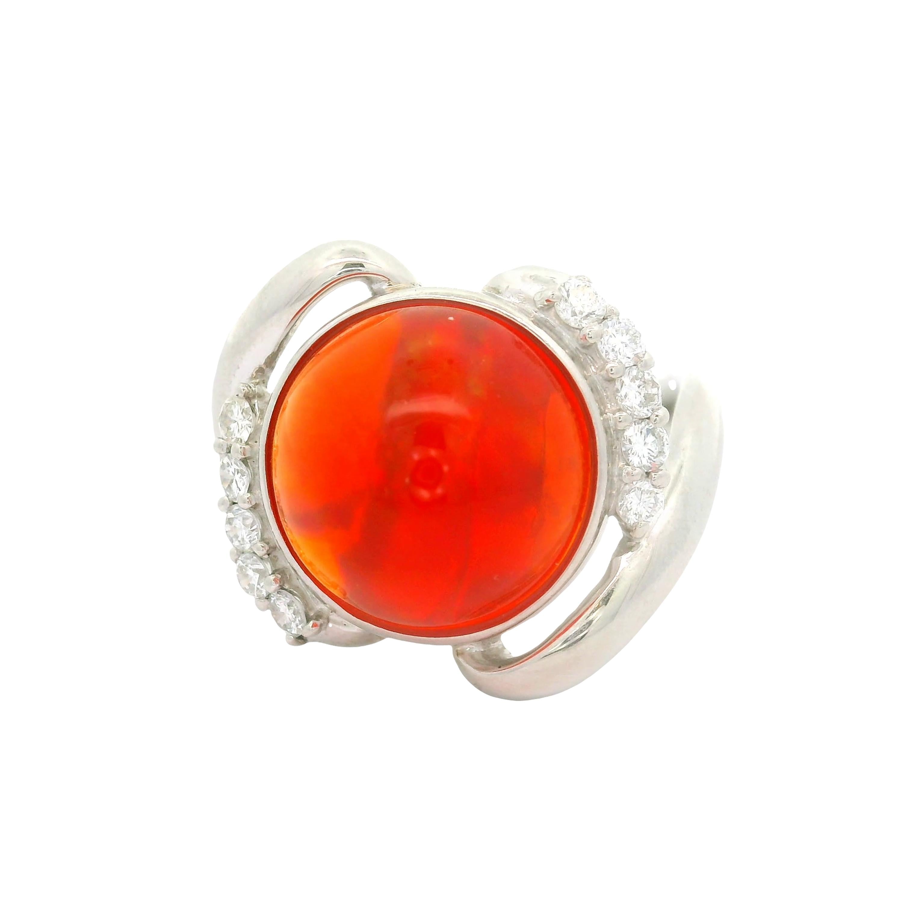 6.77 Carat Mexican Fire Opal Diamond Platinum Ribbon Ring