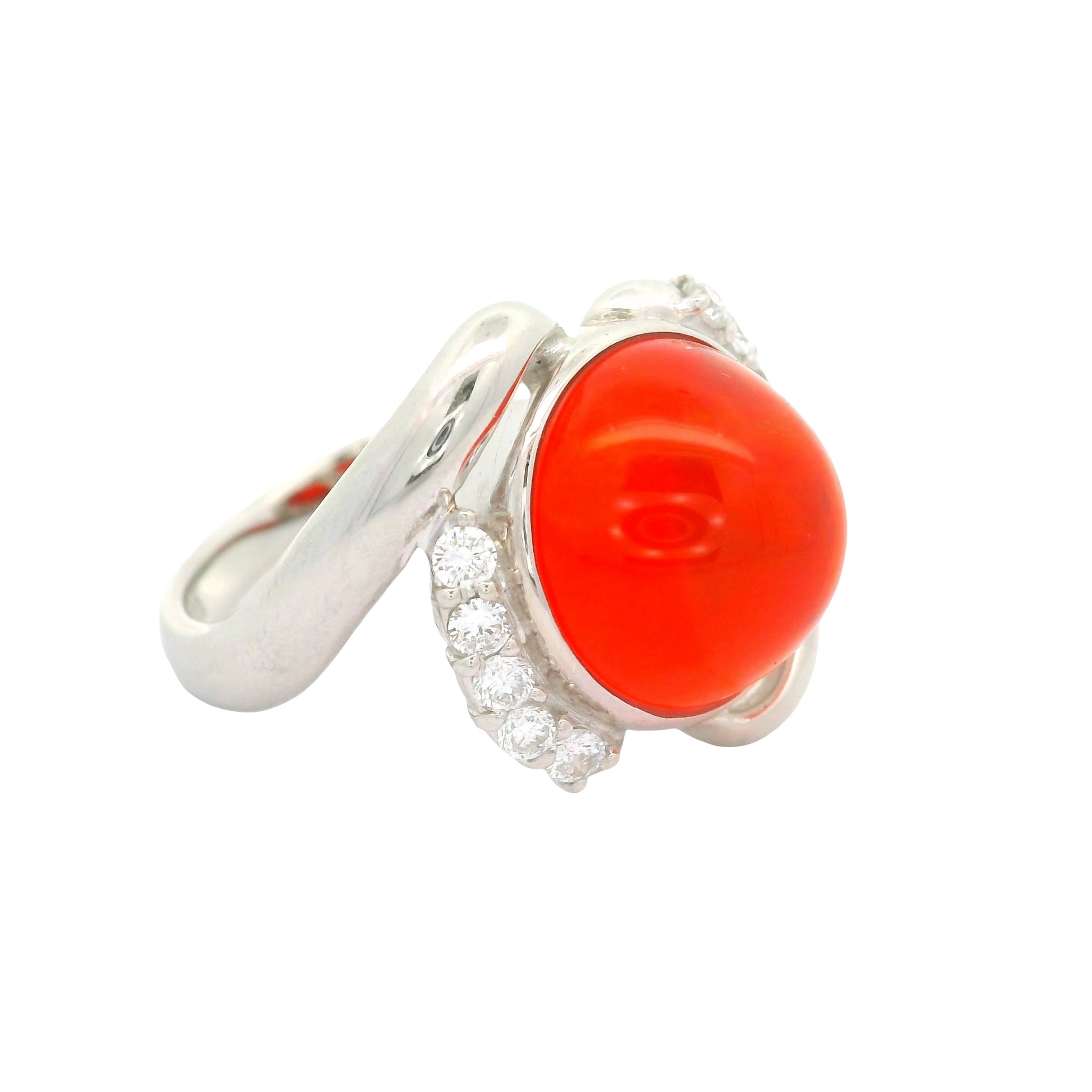 6.77 Carat Mexican Fire Opal Diamond Platinum Ribbon Ring