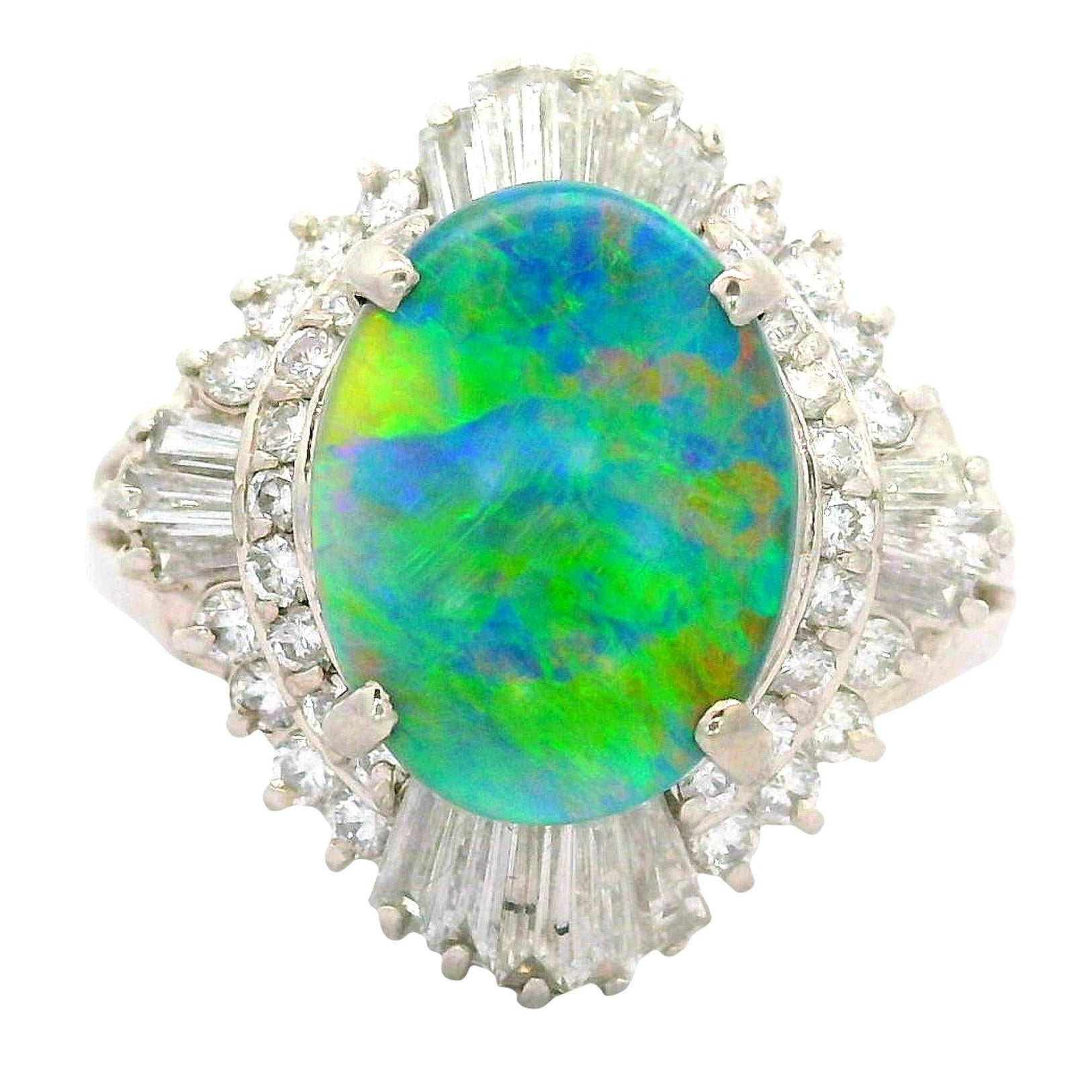 1.75 Carat Australian Black Opal Diamond Platinum Ballerina Ring
