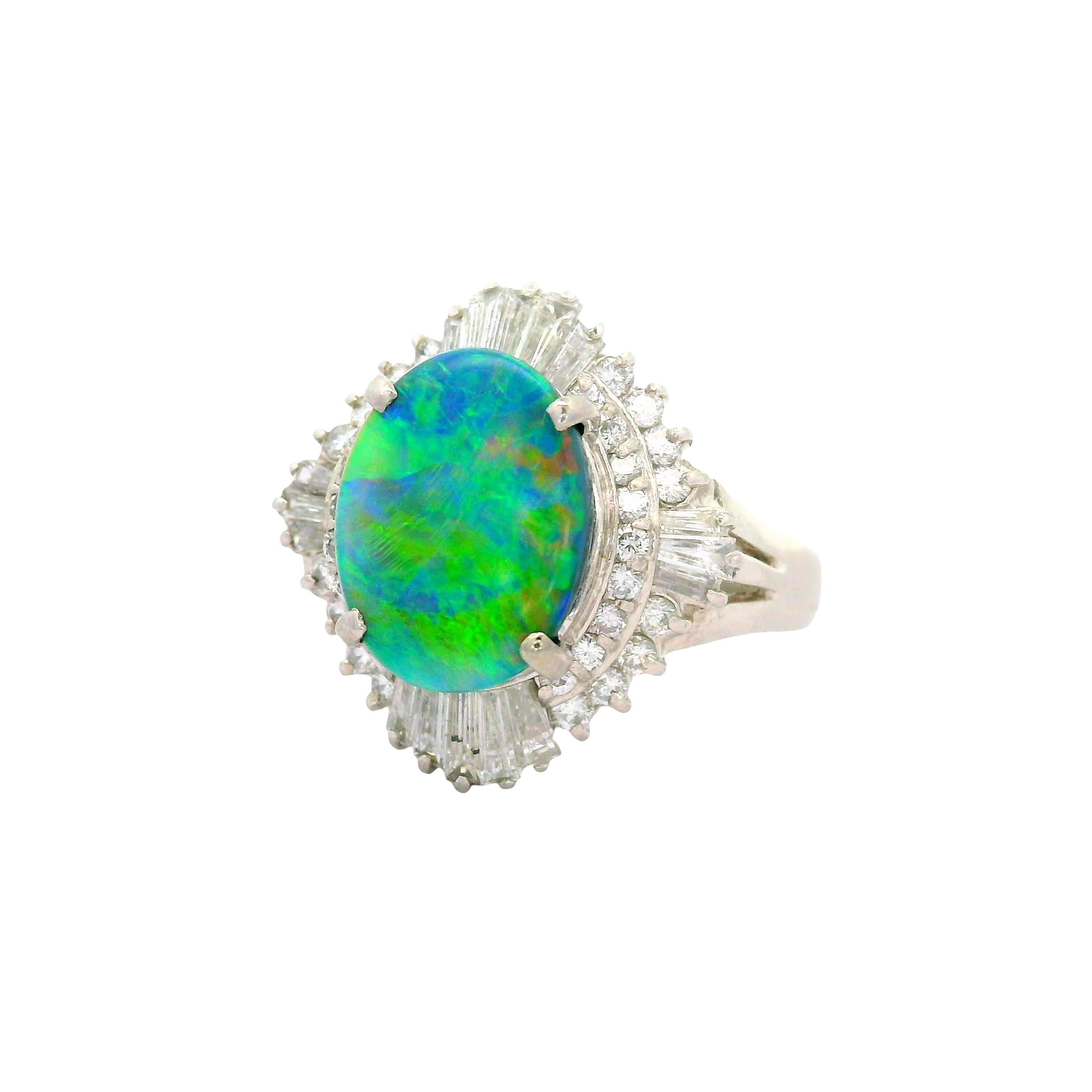 1.75 Carat Australian Black Opal Diamond Platinum Ballerina Ring
