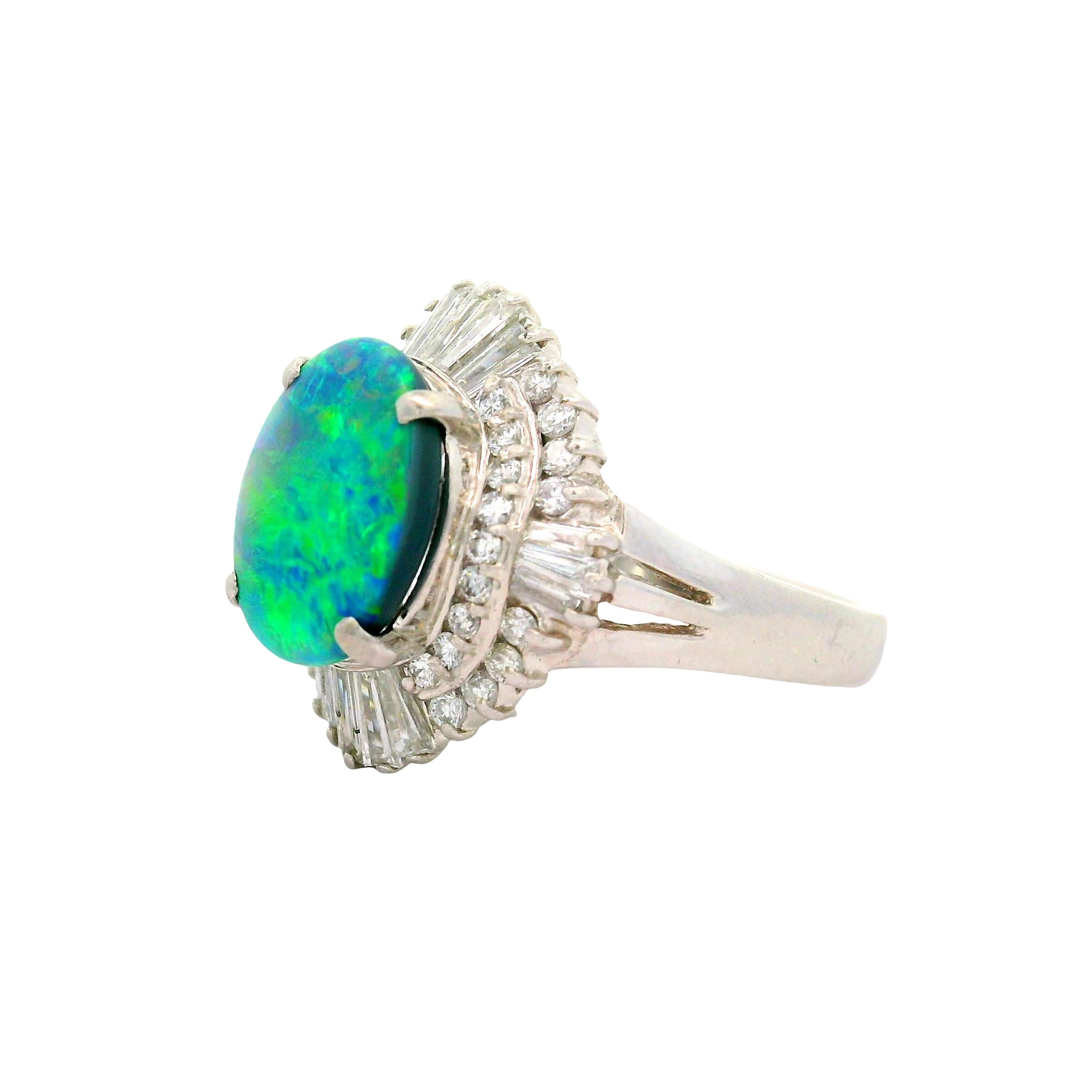 1.75 Carat Australian Black Opal Diamond Platinum Ballerina Ring