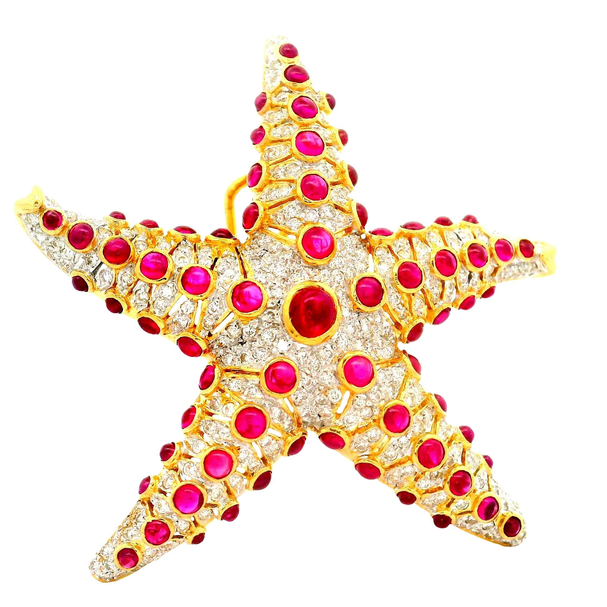 Ruby Diamond 18K Yellow Gold Starfish Brooch