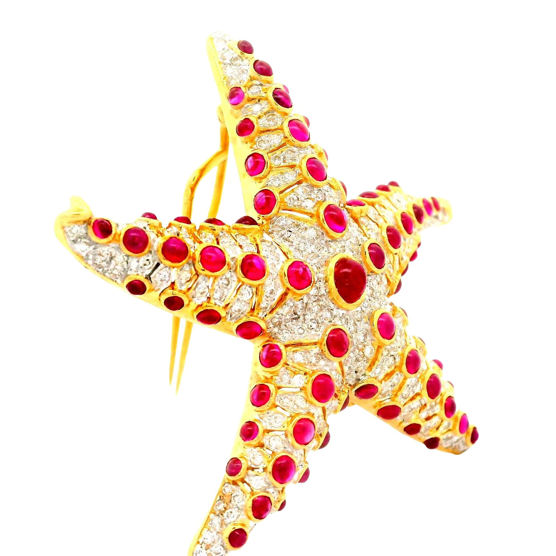 Ruby Diamond 18K Yellow Gold Starfish Brooch