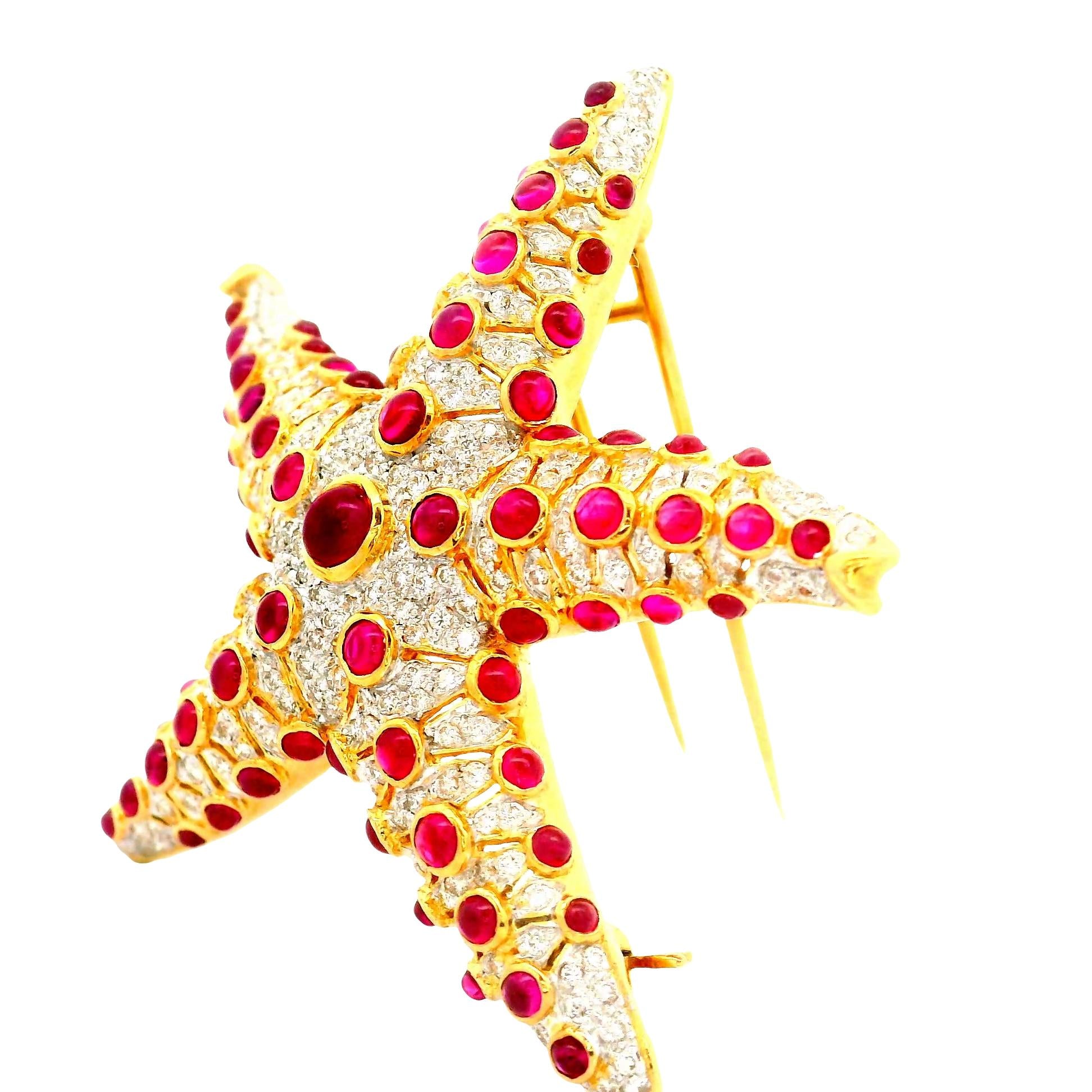Ruby Diamond 18K Yellow Gold Starfish Brooch