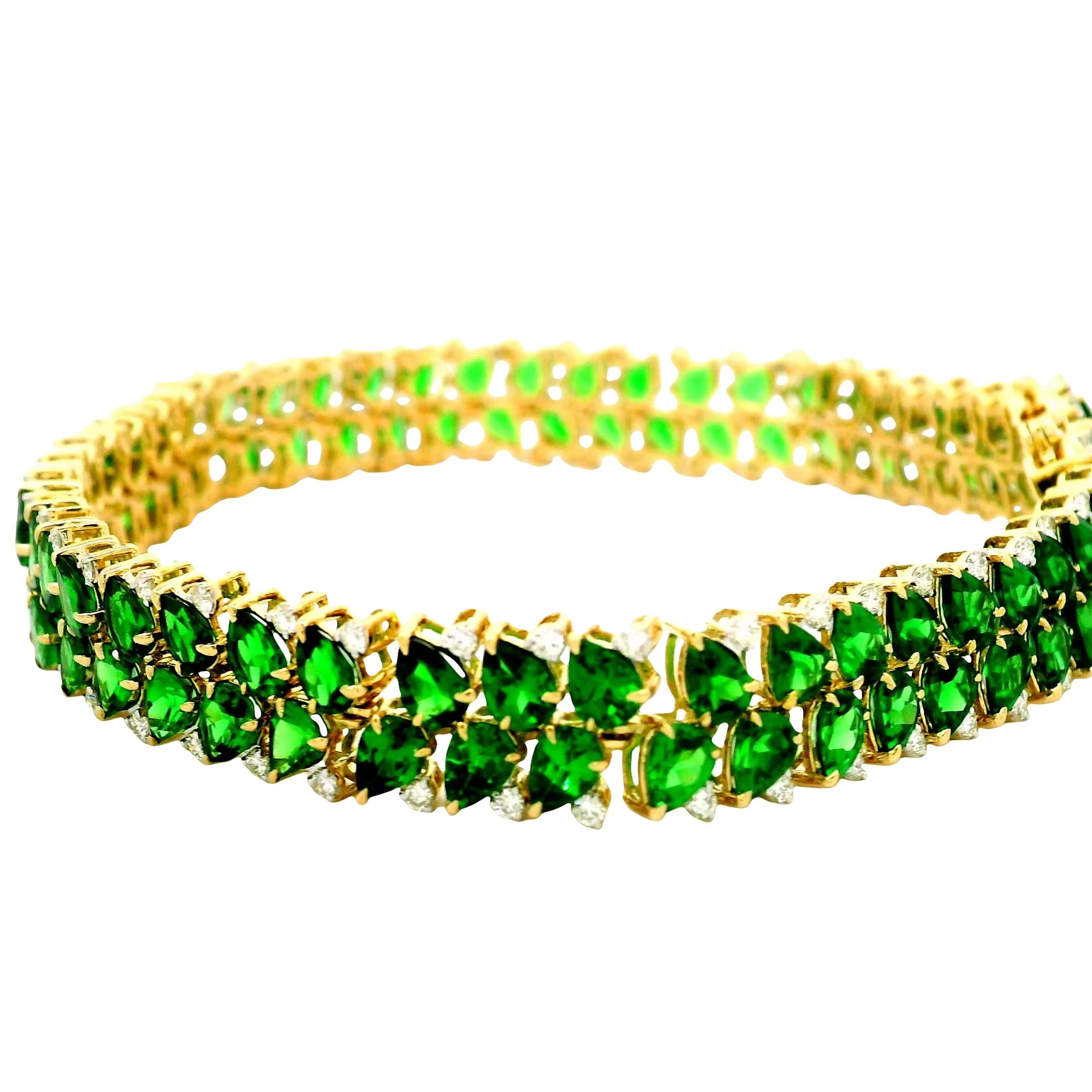 Tsavorite Diamond 14K Yellow Gold Leaf Motif Flexible Tennis Bracelet