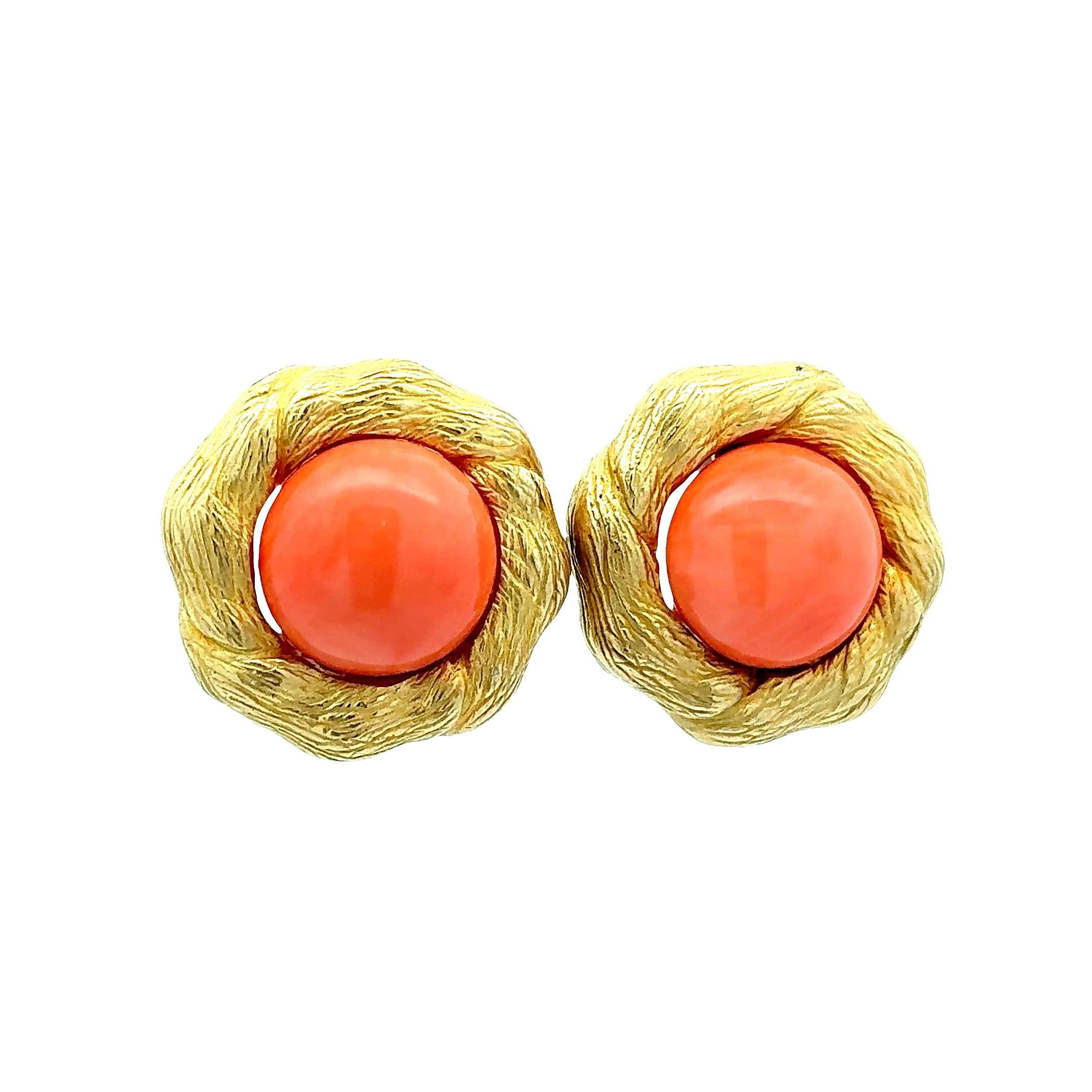Orange Coral 14K Yellow Gold Vintage Clip Earrings