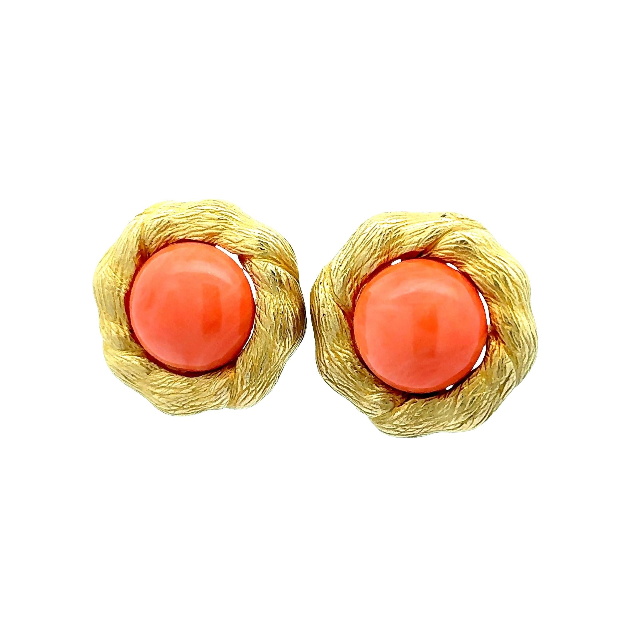 Orange Coral 14K Yellow Gold Vintage Clip Earrings