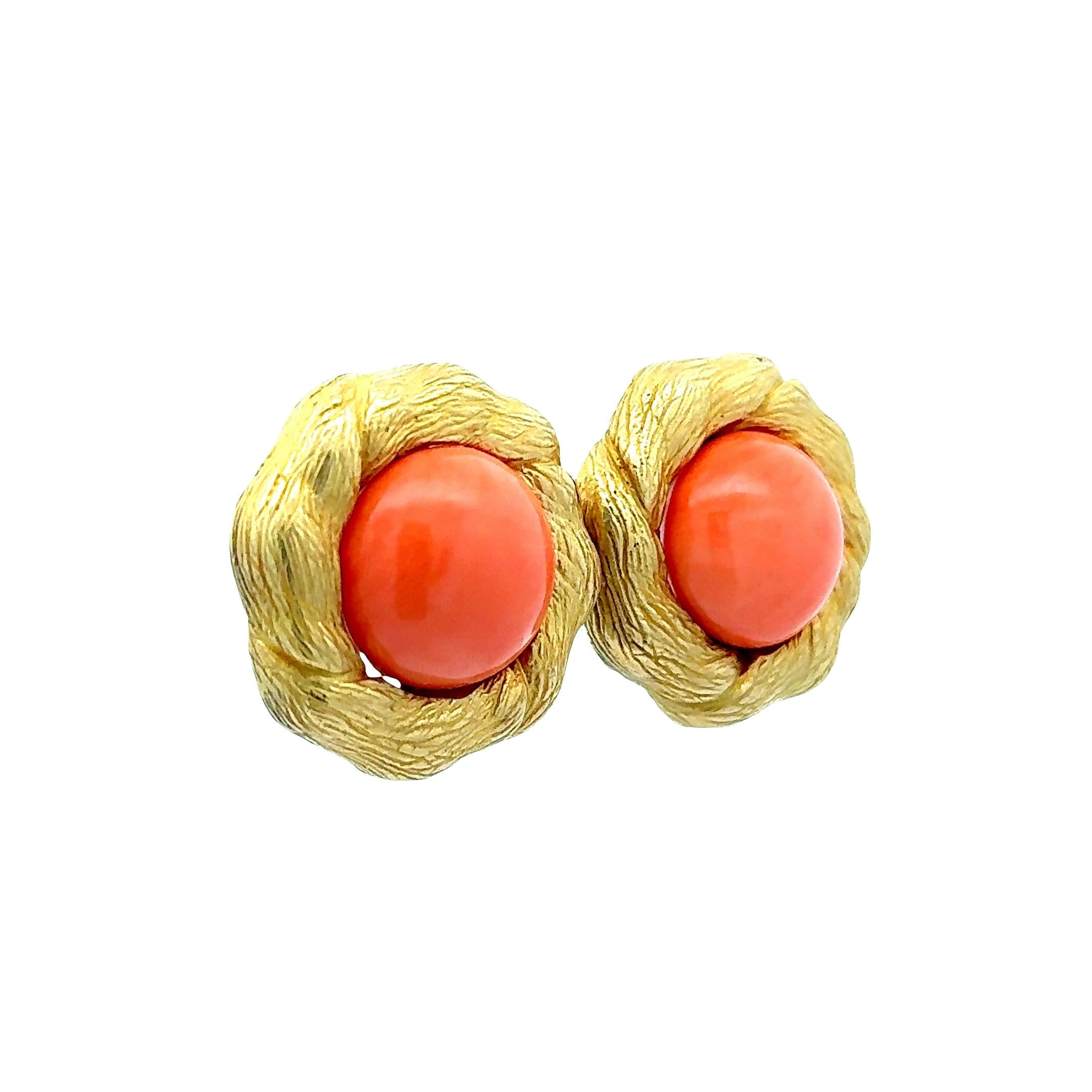 Orange Coral 14K Yellow Gold Vintage Clip Earrings