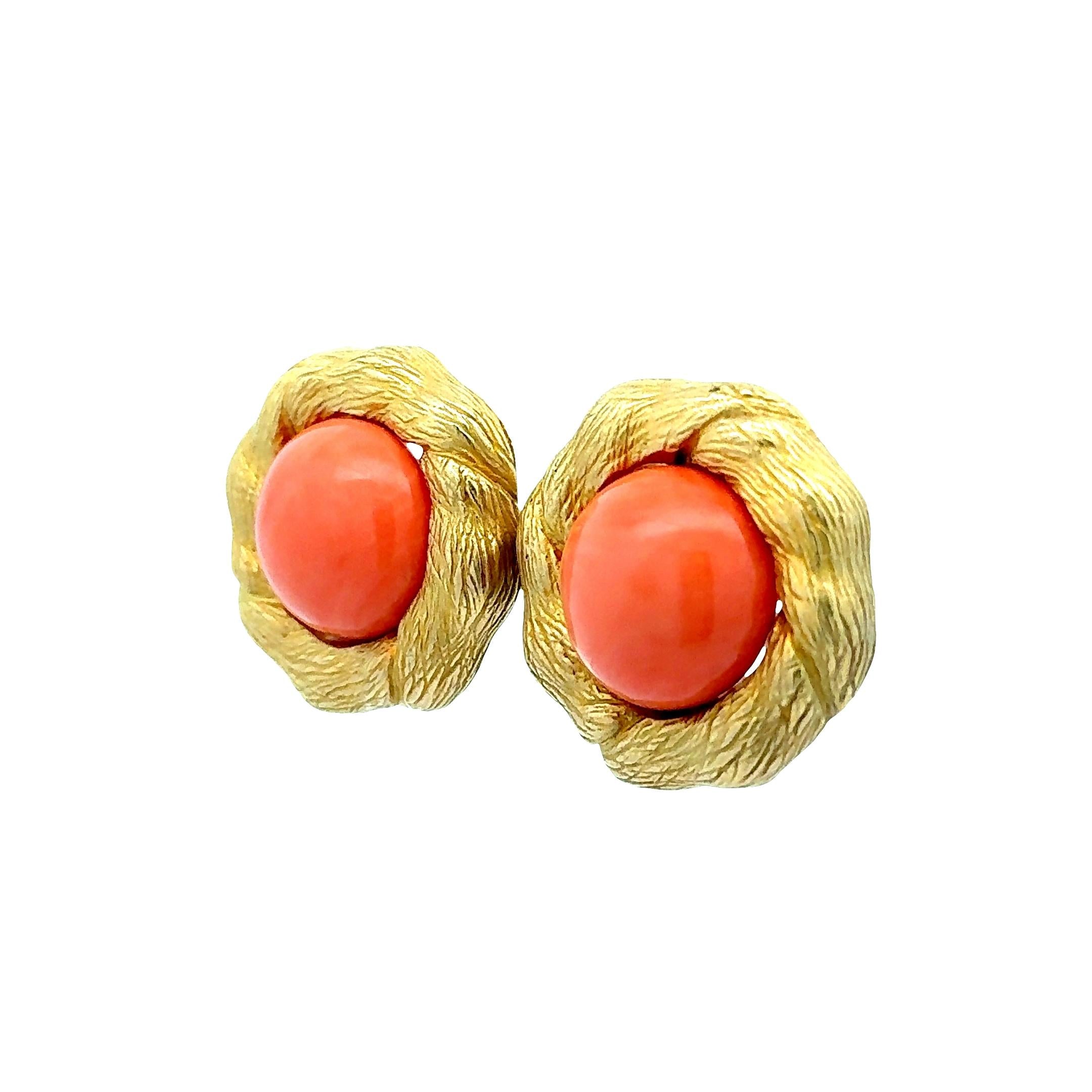 Orange Coral 14K Yellow Gold Vintage Clip Earrings