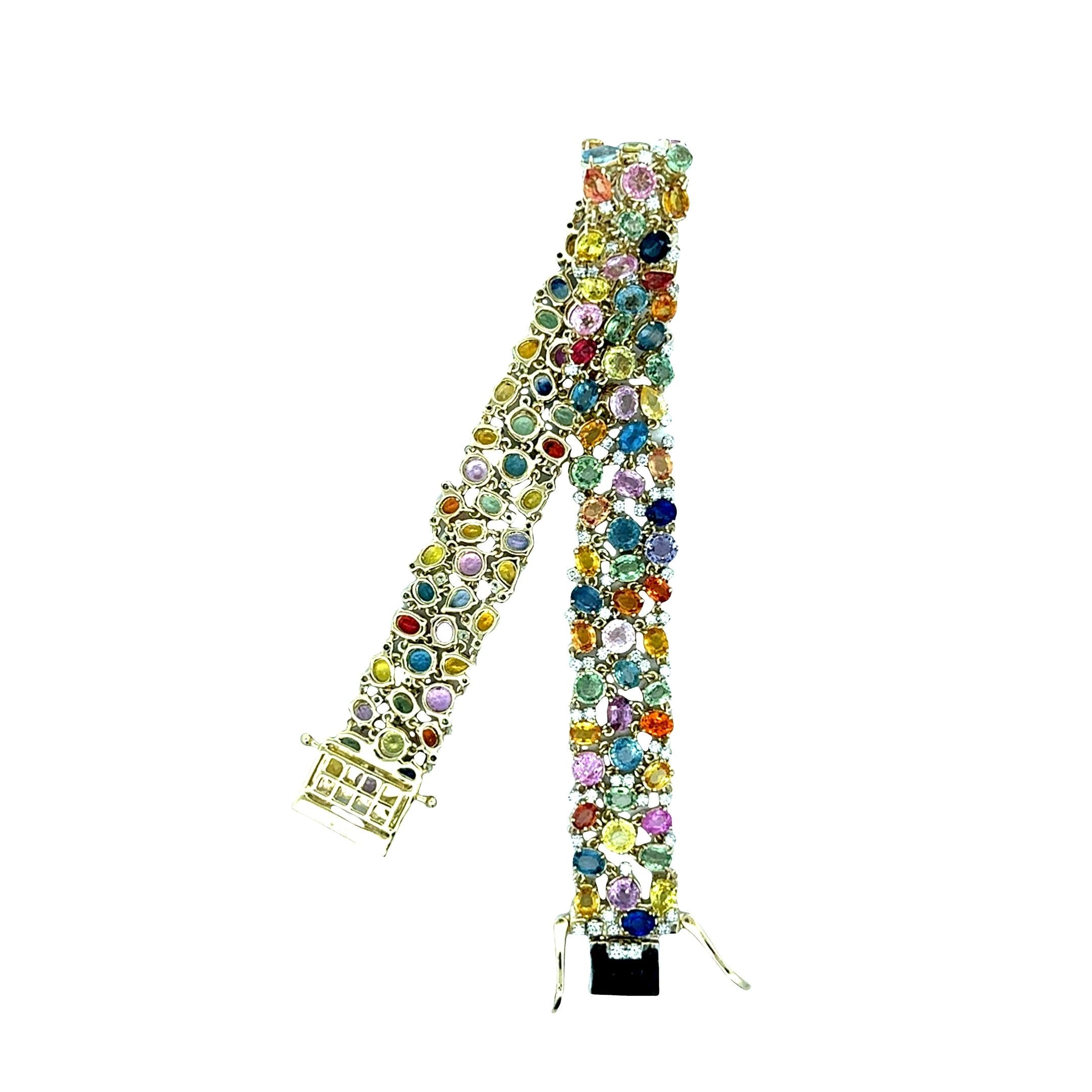 Multi-Colored Sapphire Diamond 14K Yellow Gold Flexible Bracelet