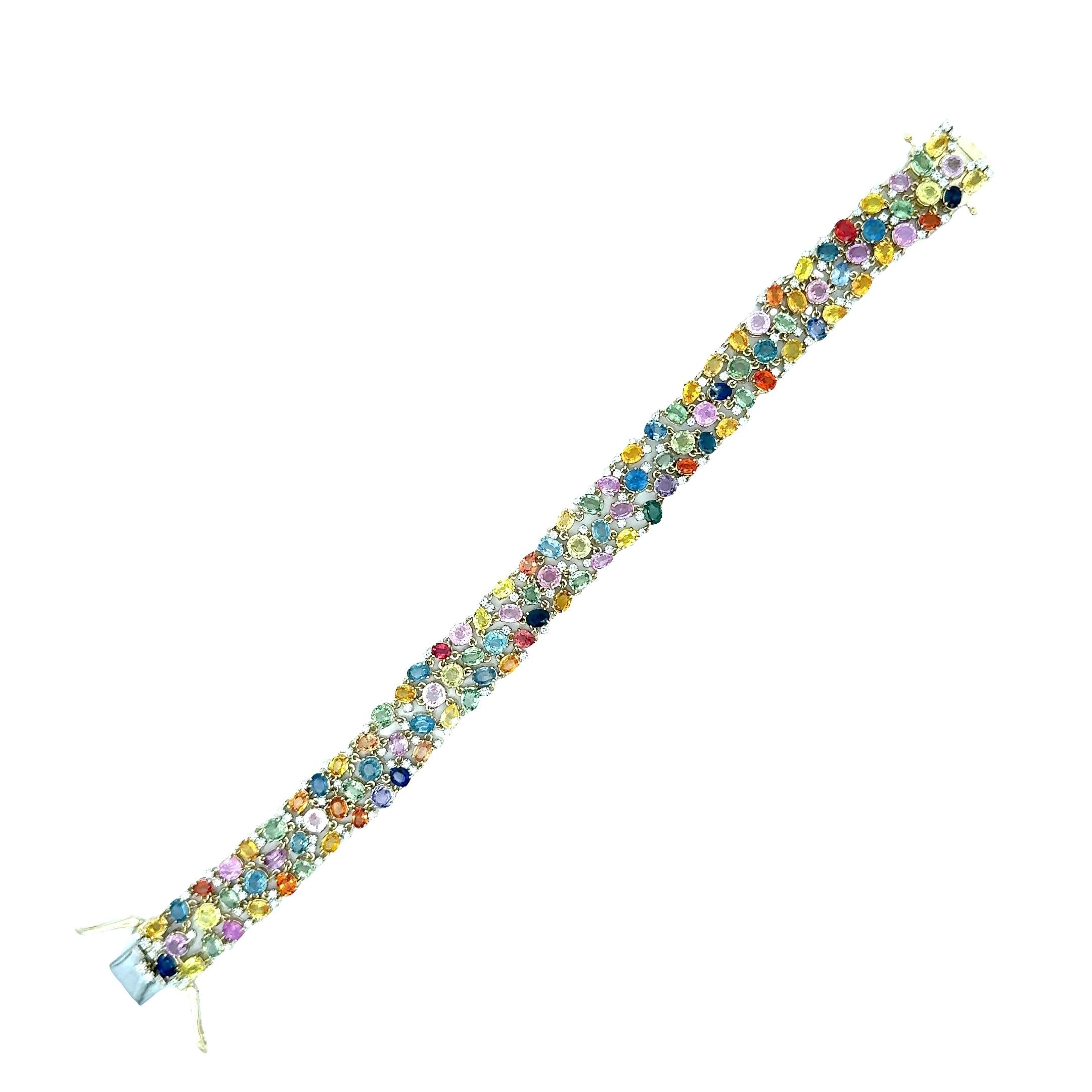 Multi-Colored Sapphire Diamond 14K Yellow Gold Flexible Bracelet