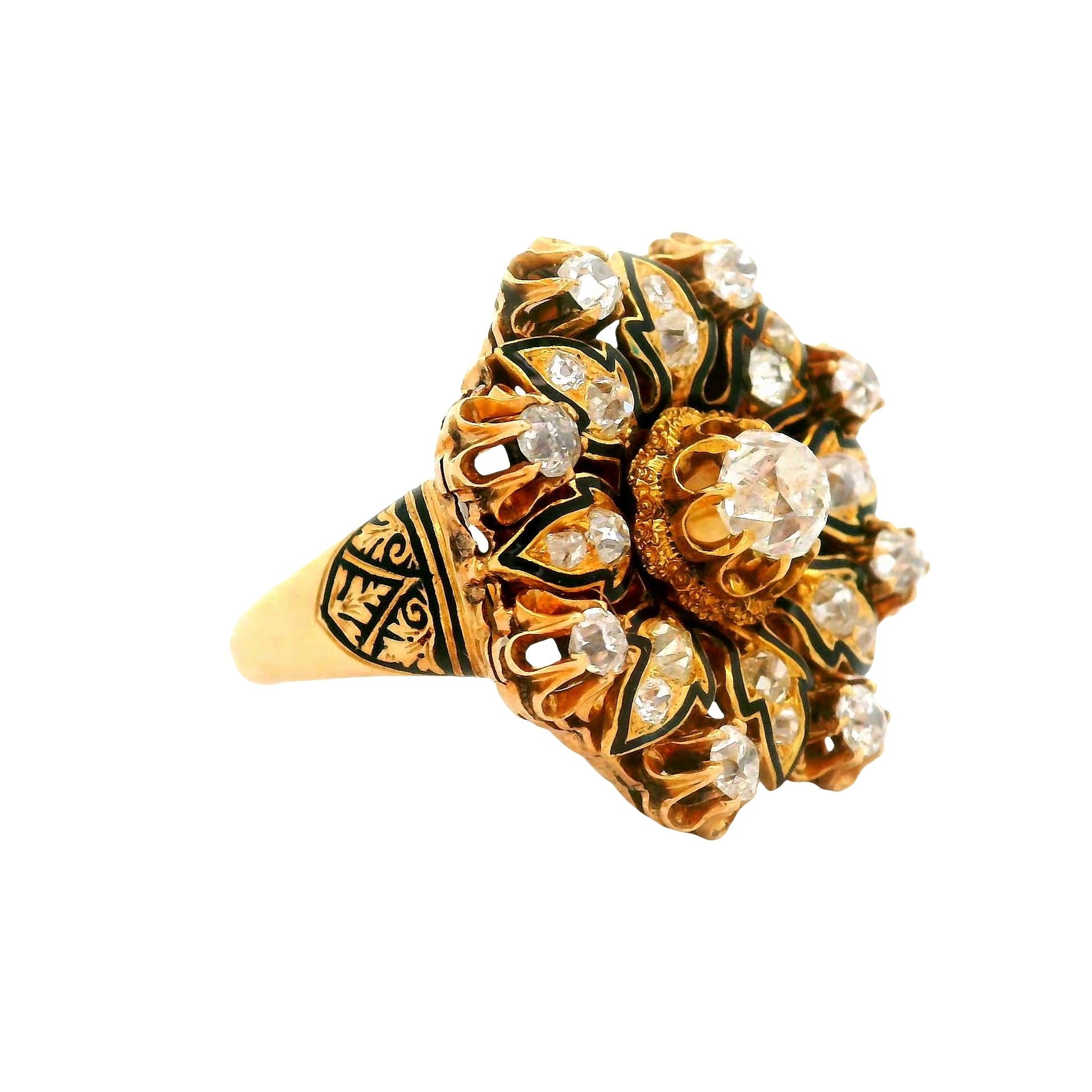 Antique Diamond 14K Yellow Gold Flower Ring